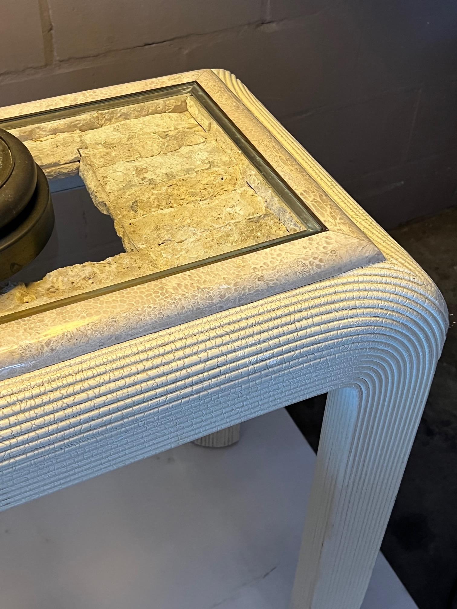 Unusual Post Modern Reed Console Table Glass and Stone Top For Sale 2