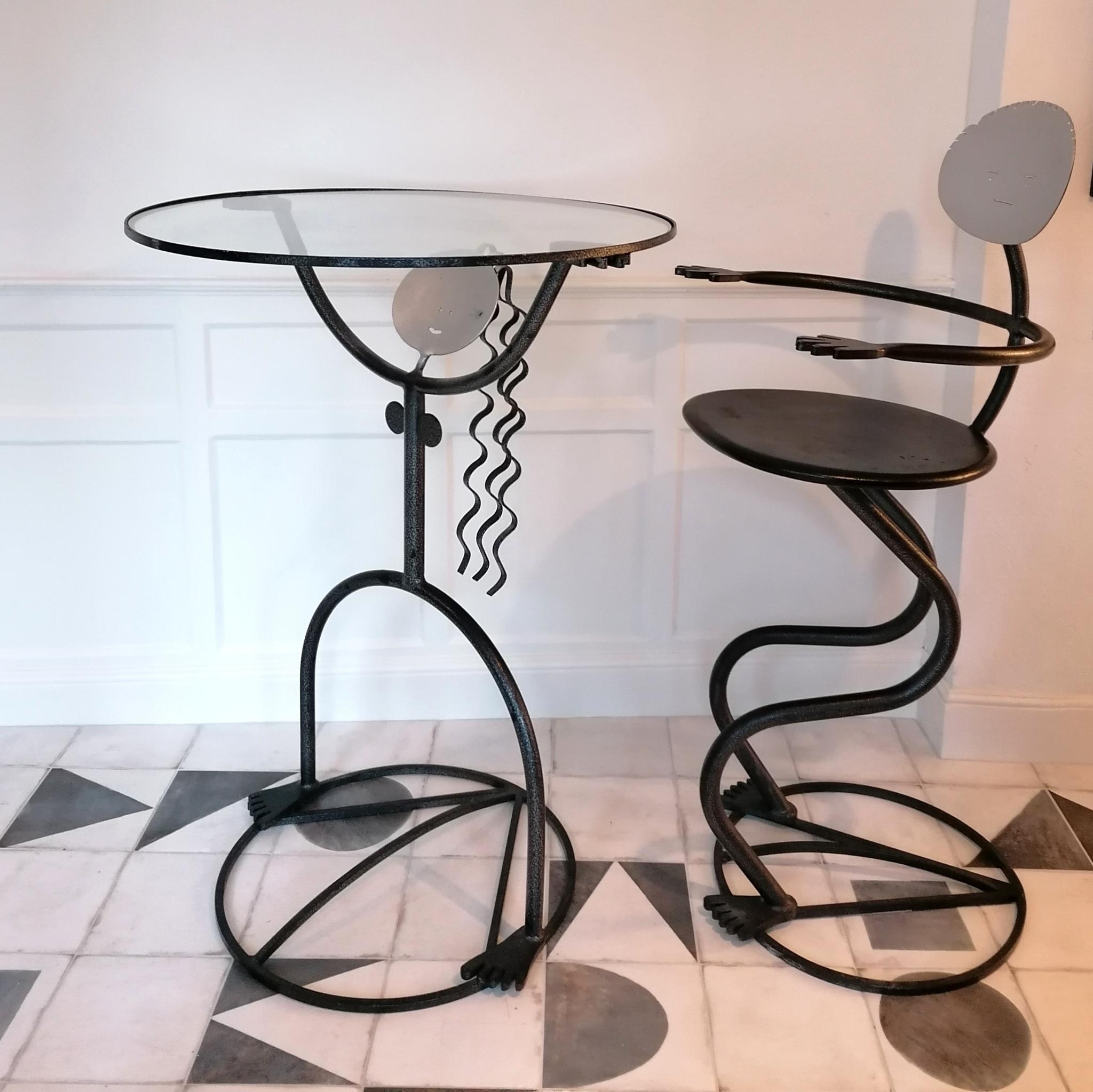 An incredible postmodern vintage American figural bar stool set with table.
Pair of swivelling bar stools- male & female- and matching bar table. Super heavy powder coated iron. Table has an inset glass top.


Dimensions:
Table- height 105cm,