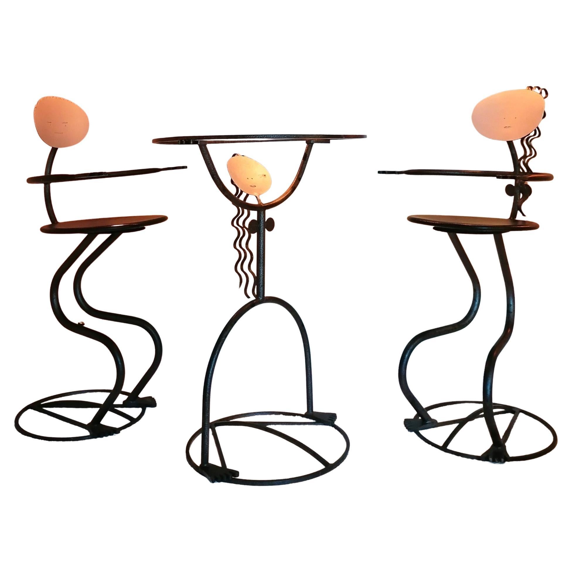 Unusual Postmodern American Figural Bar Stools Set with Table, USA, 1980s