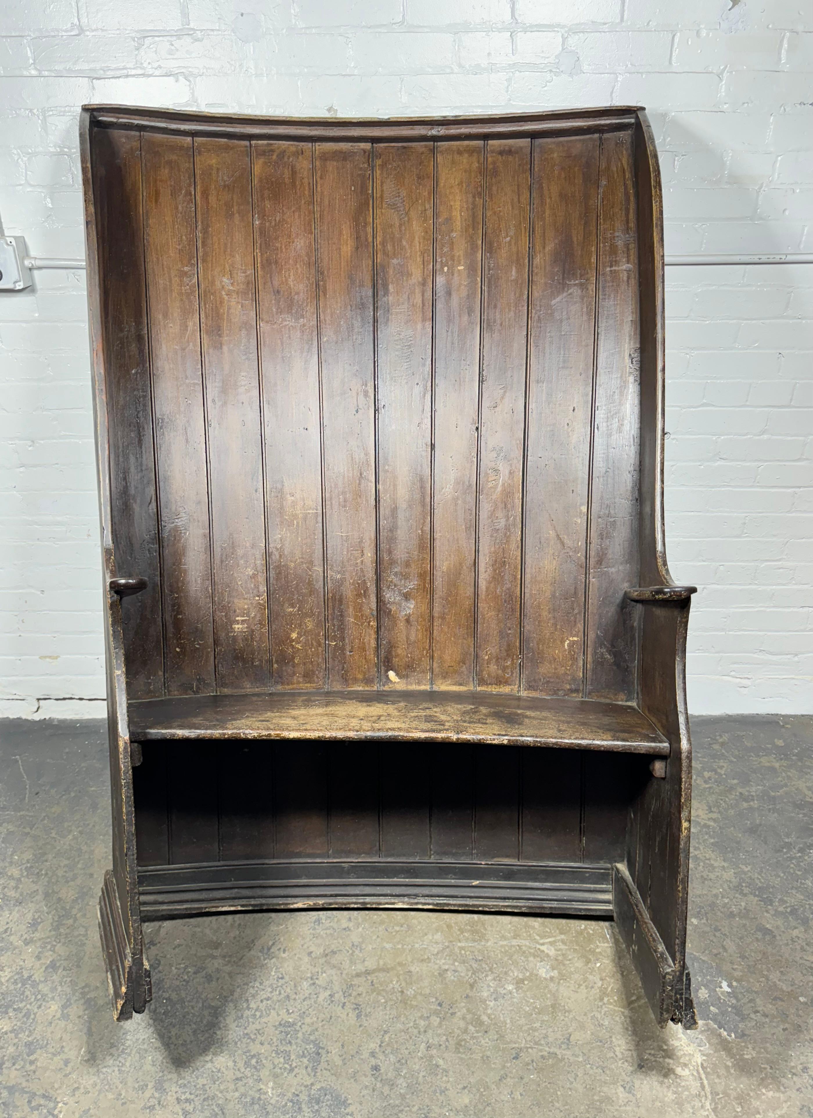 Wonderful hand crafted Pub Bench / Hall seat , very Folk art.. late c.1800's.. unusual design,, asymmetrical, slight curve, Superb quality and sturdy construction,, retains it's amazing original finish , patina. Perfect for kitchen nook,, hall
