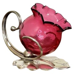 Unusual quality antique Edwardian cranberry glass candle holder 