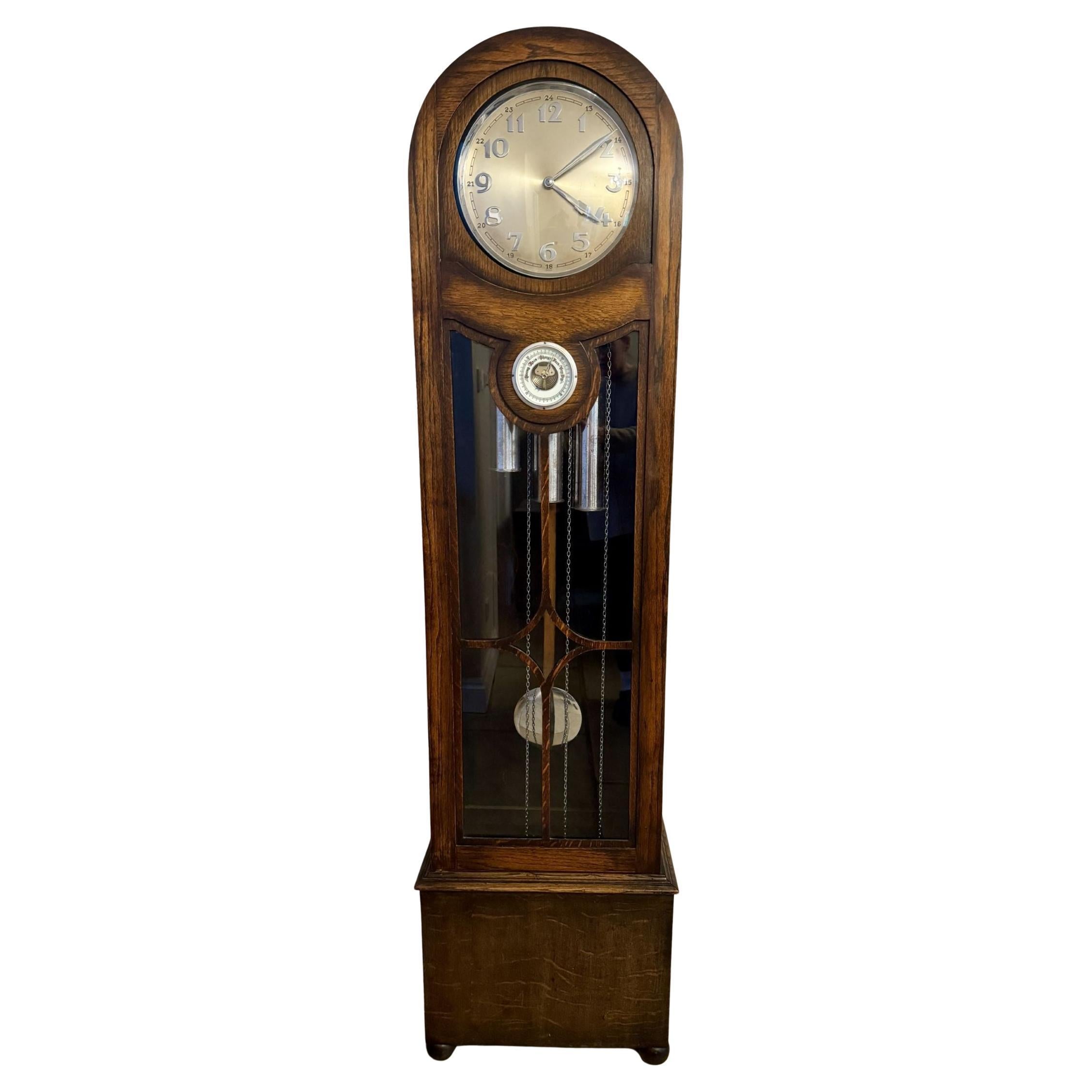 Unusual quality antique oak chiming longcase barometer clock For Sale