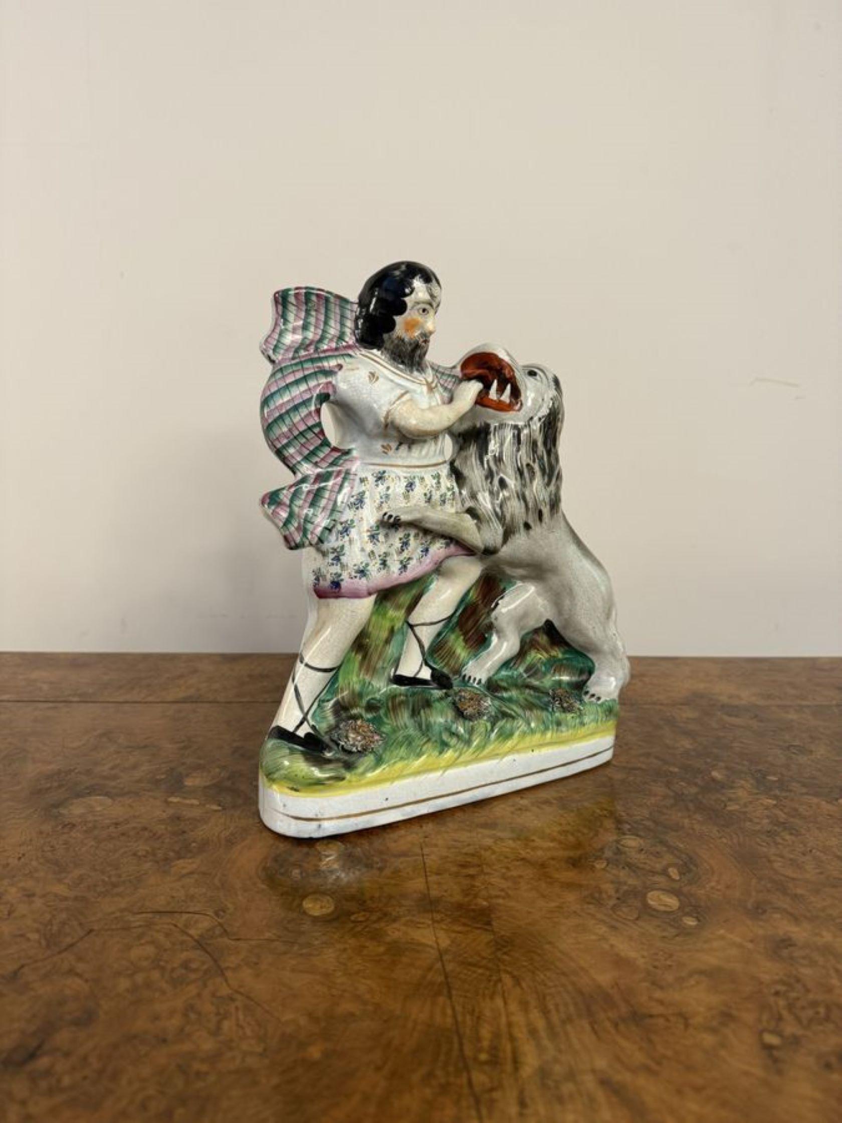 Early Victorian Unusual quality antique Victorian Samson and the lion Staffordshire figure For Sale