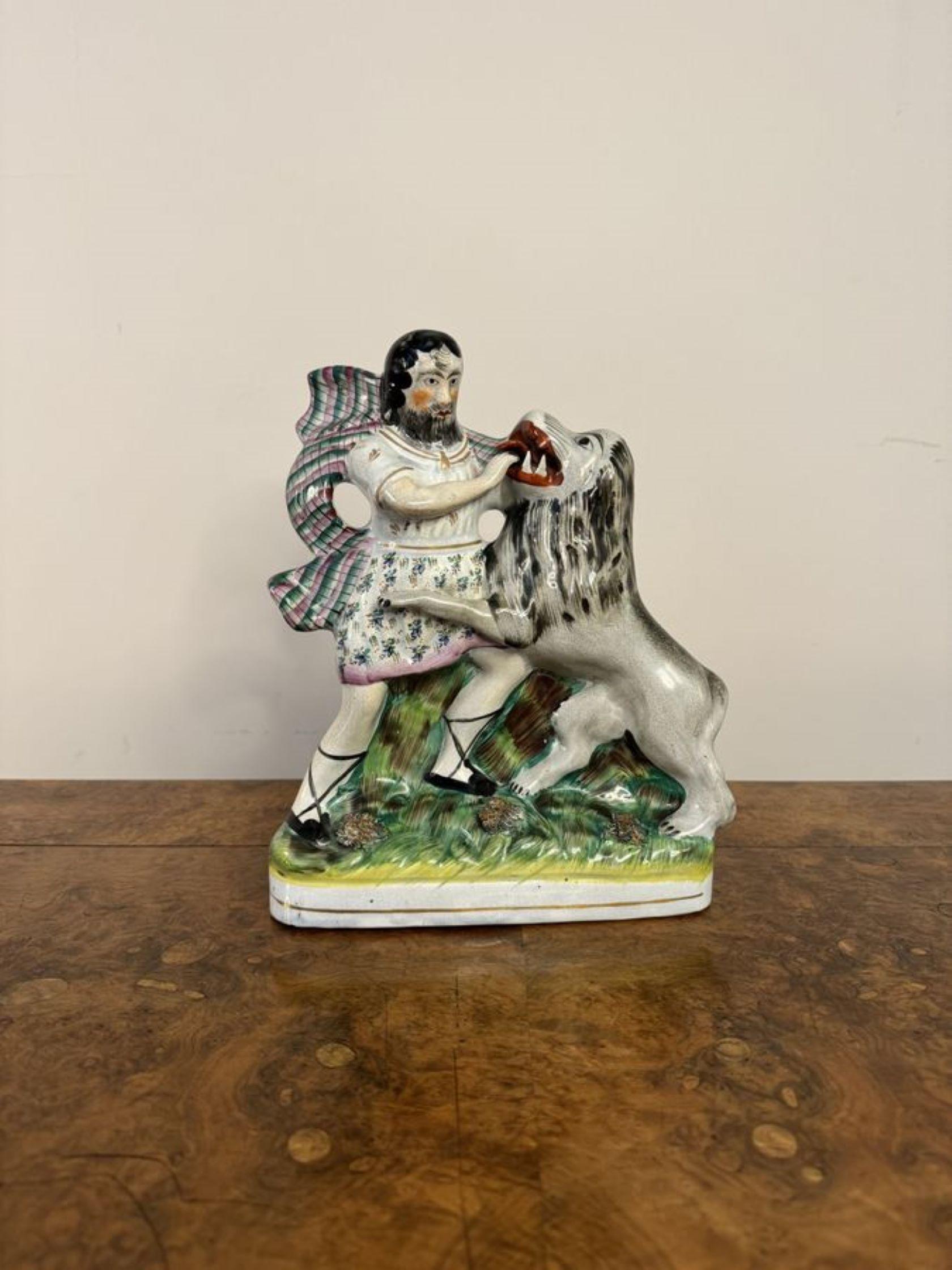 Unusual quality antique Victorian Samson and the lion Staffordshire figure For Sale 1