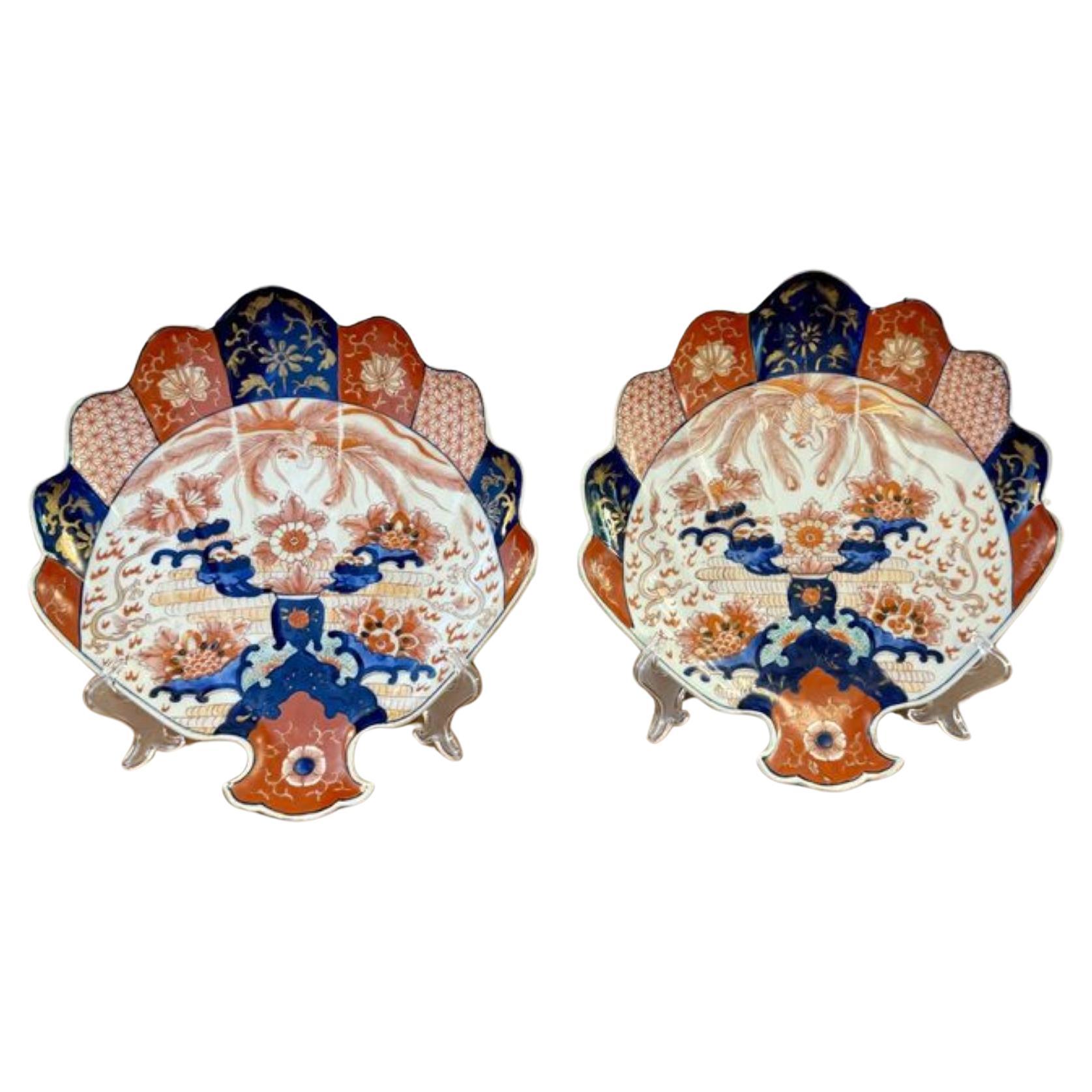Unusual quality pair of antique Japanese imari fan shaped plates