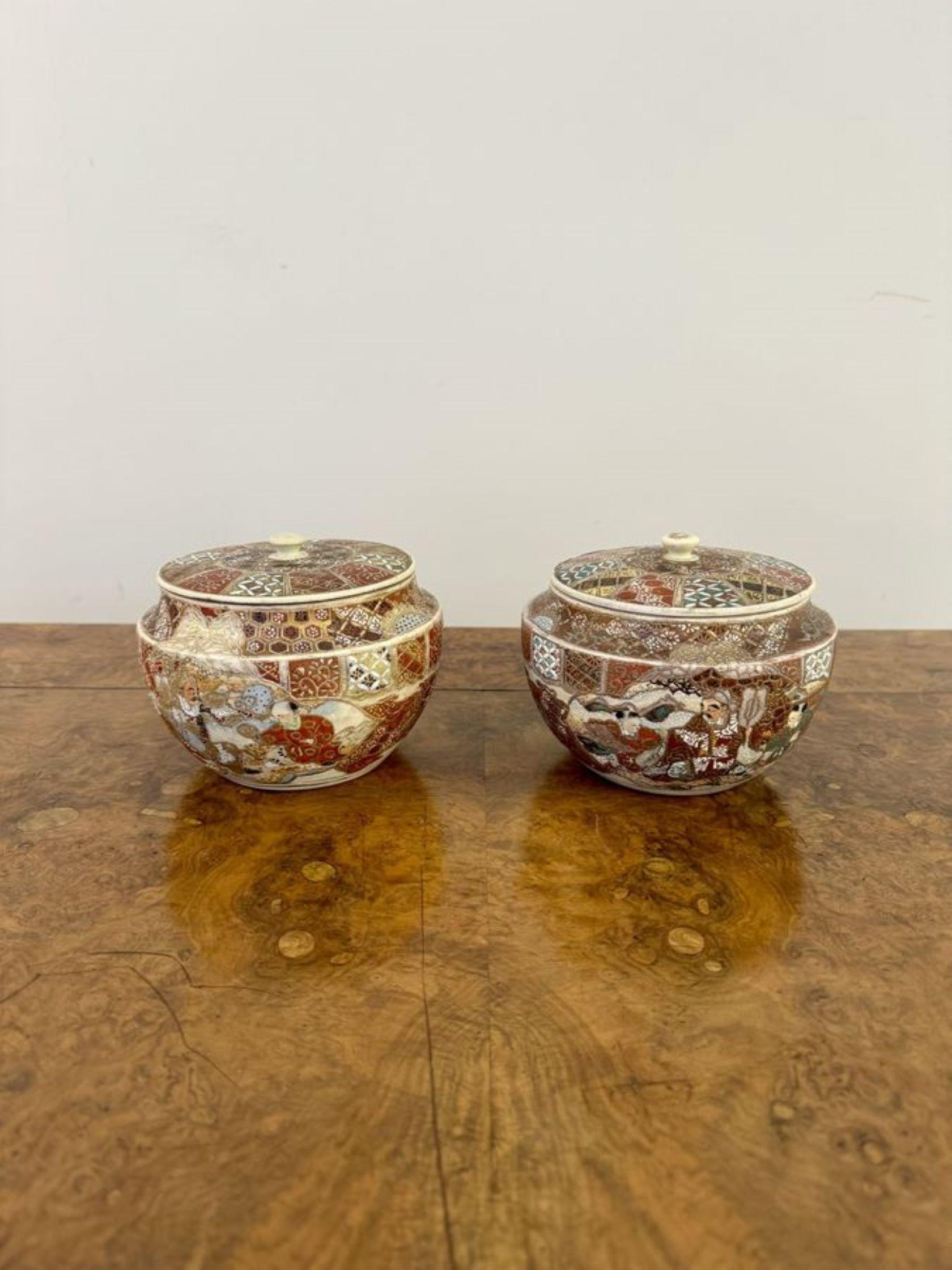 20th Century Unusual quality pair of antique Japanese Satsuma lidded jars For Sale