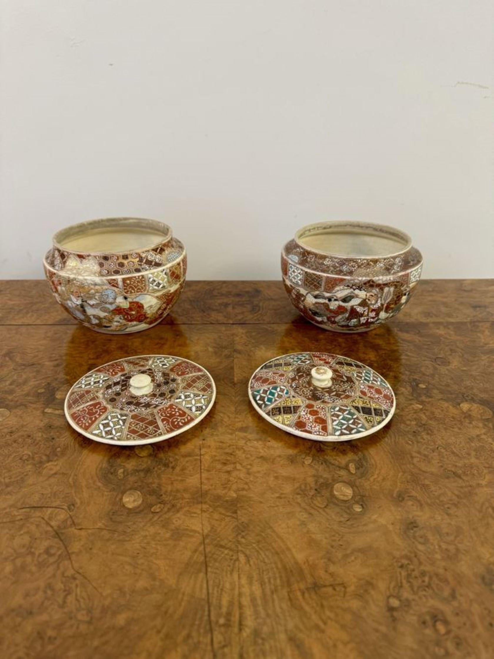 Ceramic Unusual quality pair of antique Japanese Satsuma lidded jars For Sale