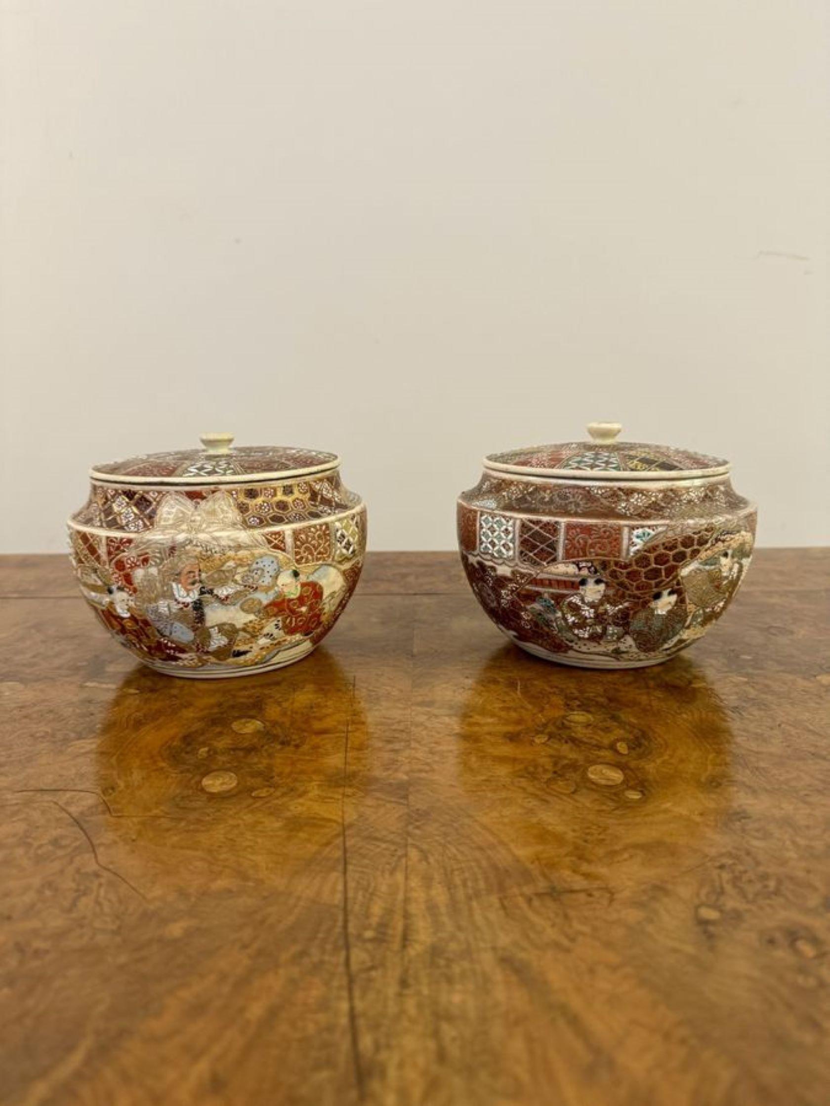 Unusual quality pair of antique Japanese Satsuma lidded jars For Sale 2