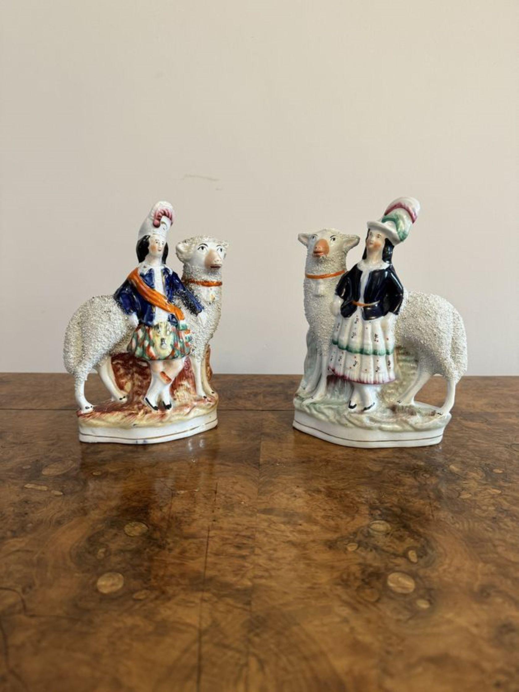Unusual quality pair of antique Victorian 'Royal' Staffordshire figures, having a quality pair of figures of royal children standing next to sheep, modelled as royal portraits of the Prince of Wales (Edward Albert 1841–1910) shown in Scottish dress