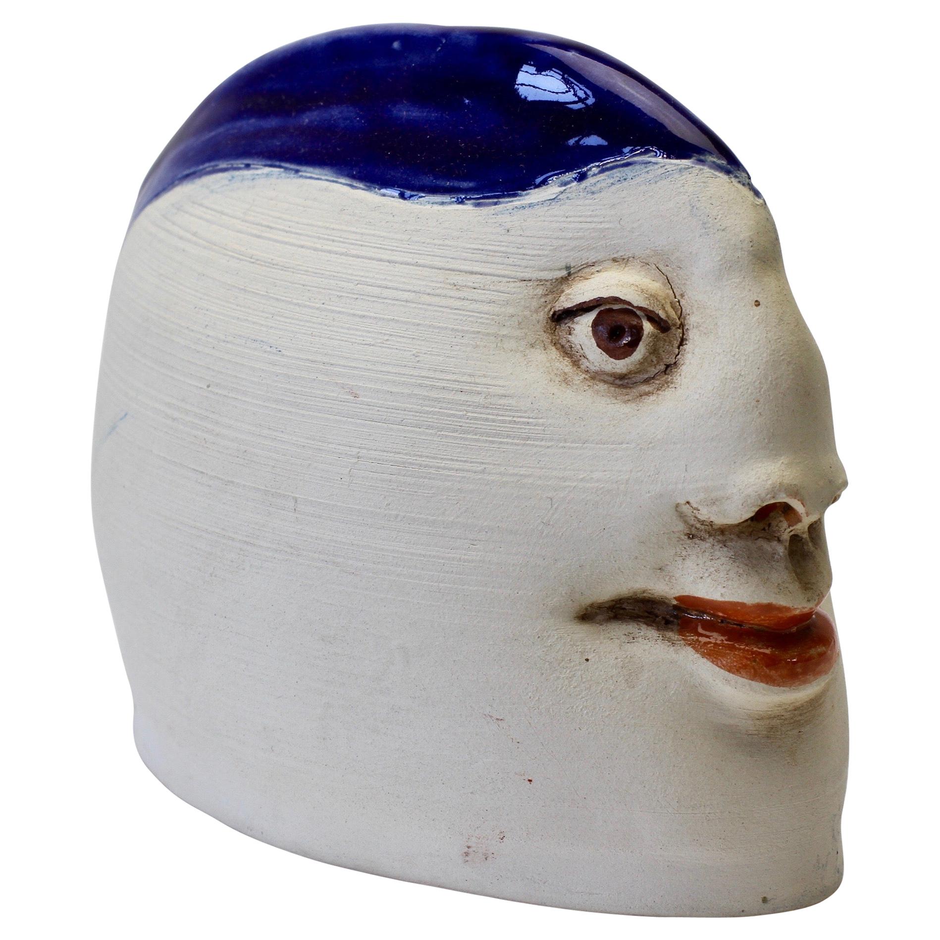 Unusual Quirky Vintage Hand Thrown Glazed Pottery Sculpture of a Head with Face 