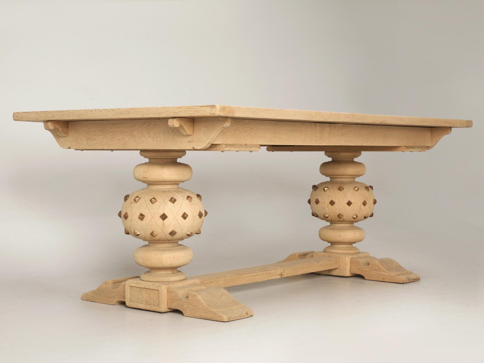 Louis XV Unusual Rare Studded Vintage French White Oak Trestle Table with Leaves Seats 10