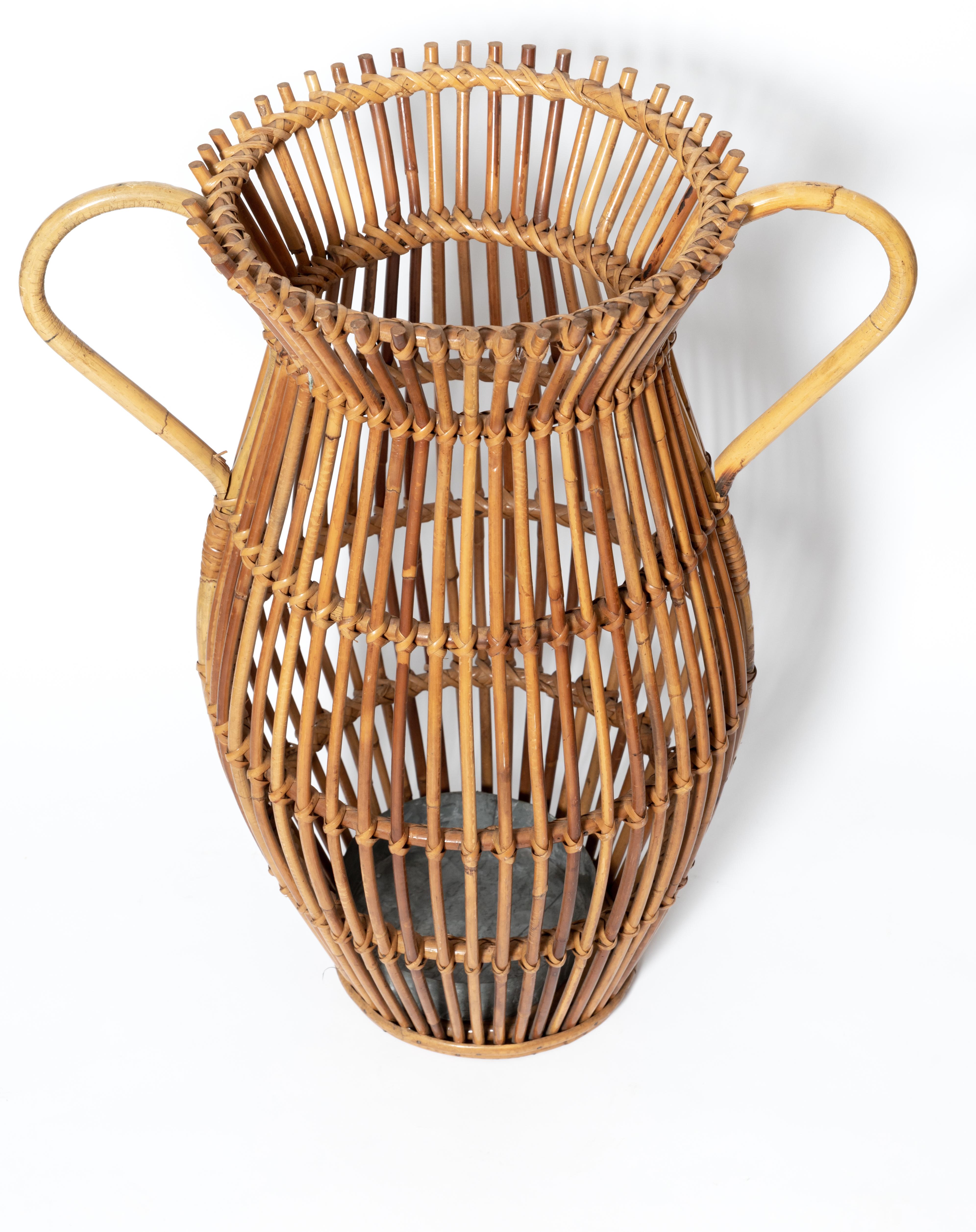 Mid-Century Modern Unusual Rattan Form Handled Umbrella Stand with Galvanized Pan