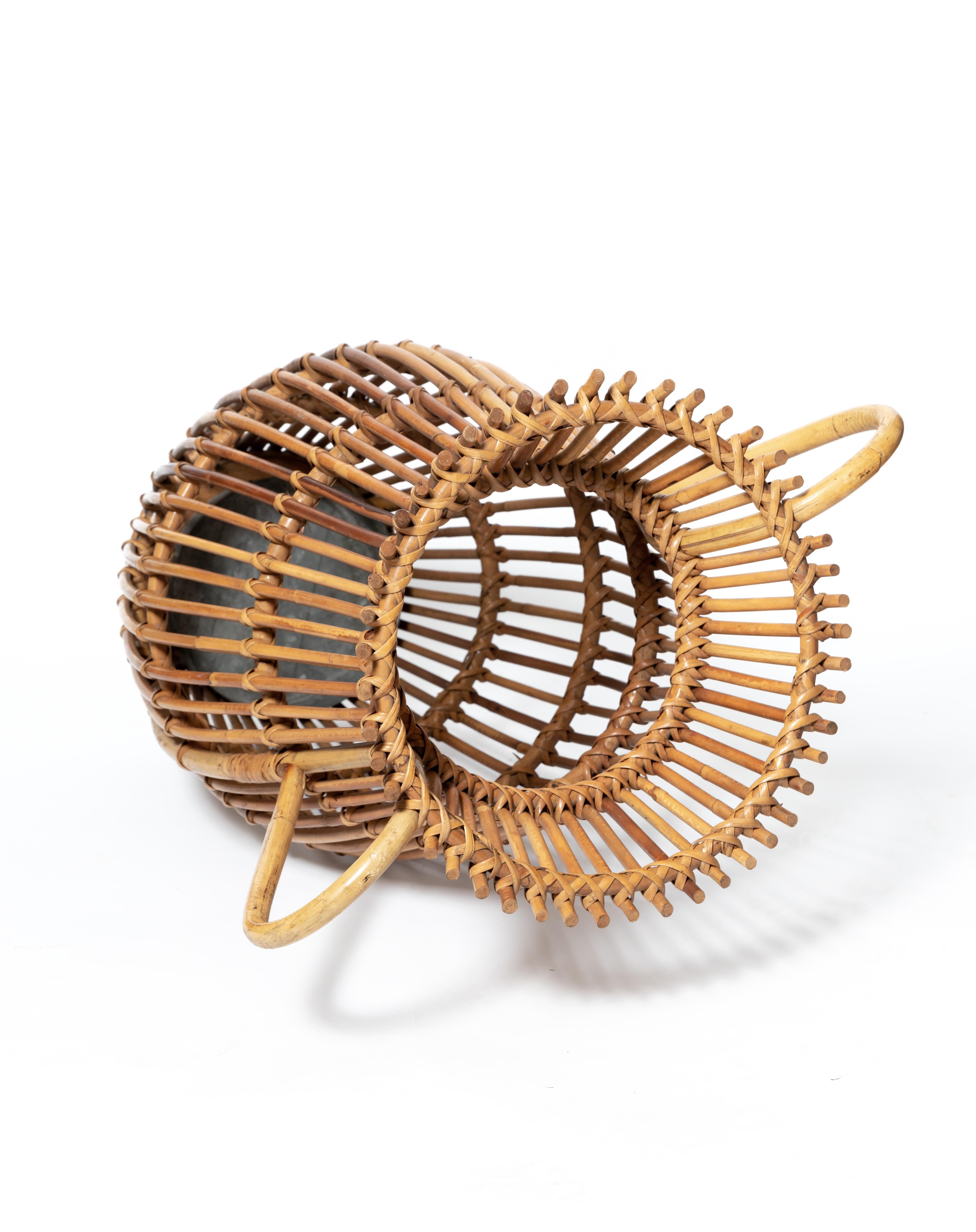 Italian Unusual Rattan Form Handled Umbrella Stand with Galvanized Pan