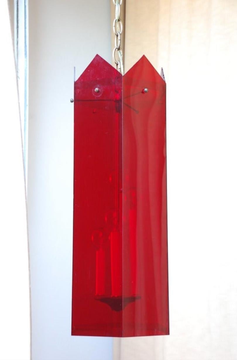 American Unusual Red Lucite Hexagonal 1970s Lantern For Sale