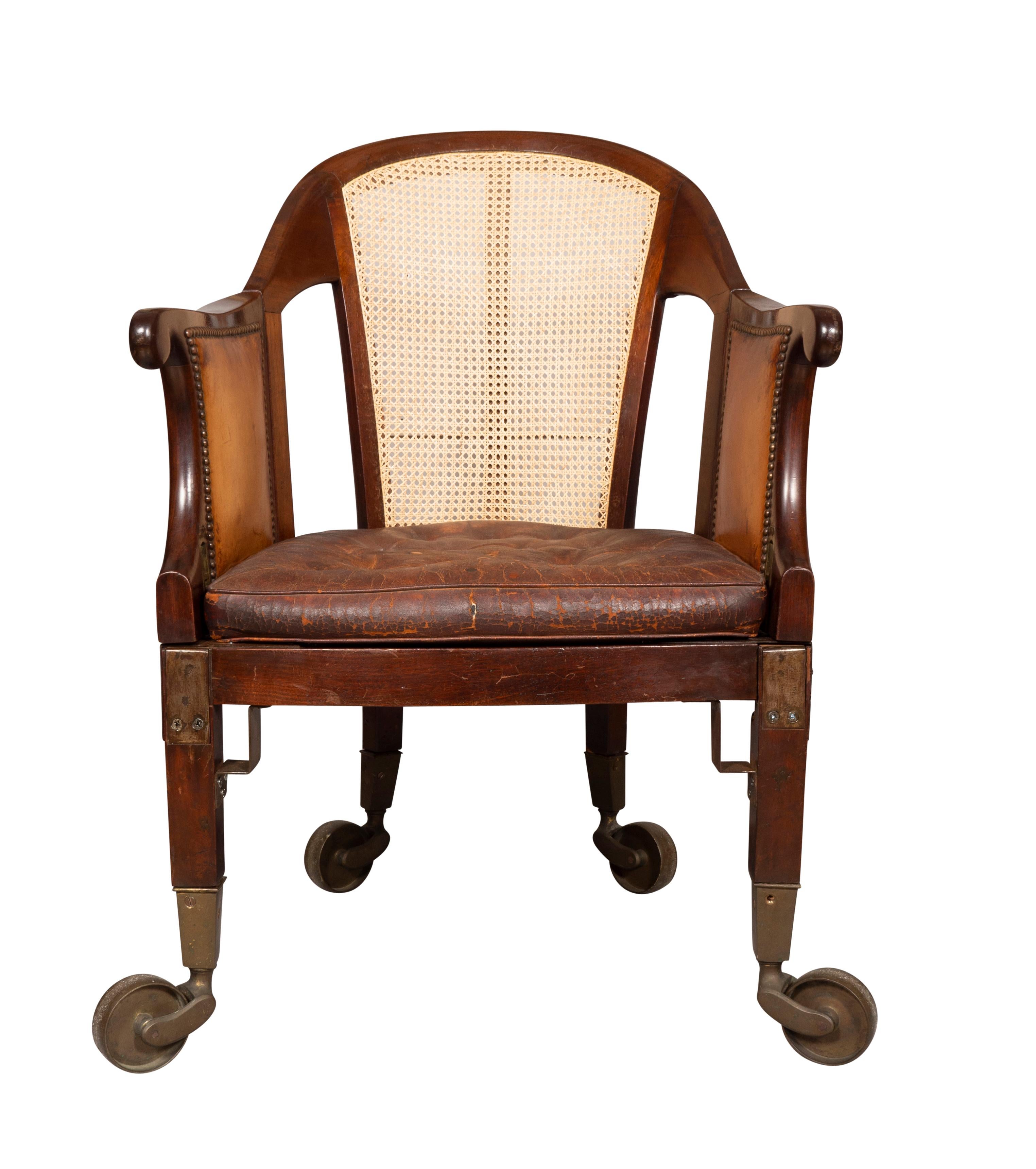 English Unusual Regency Mahogany and Brass Campaign Chair For Sale
