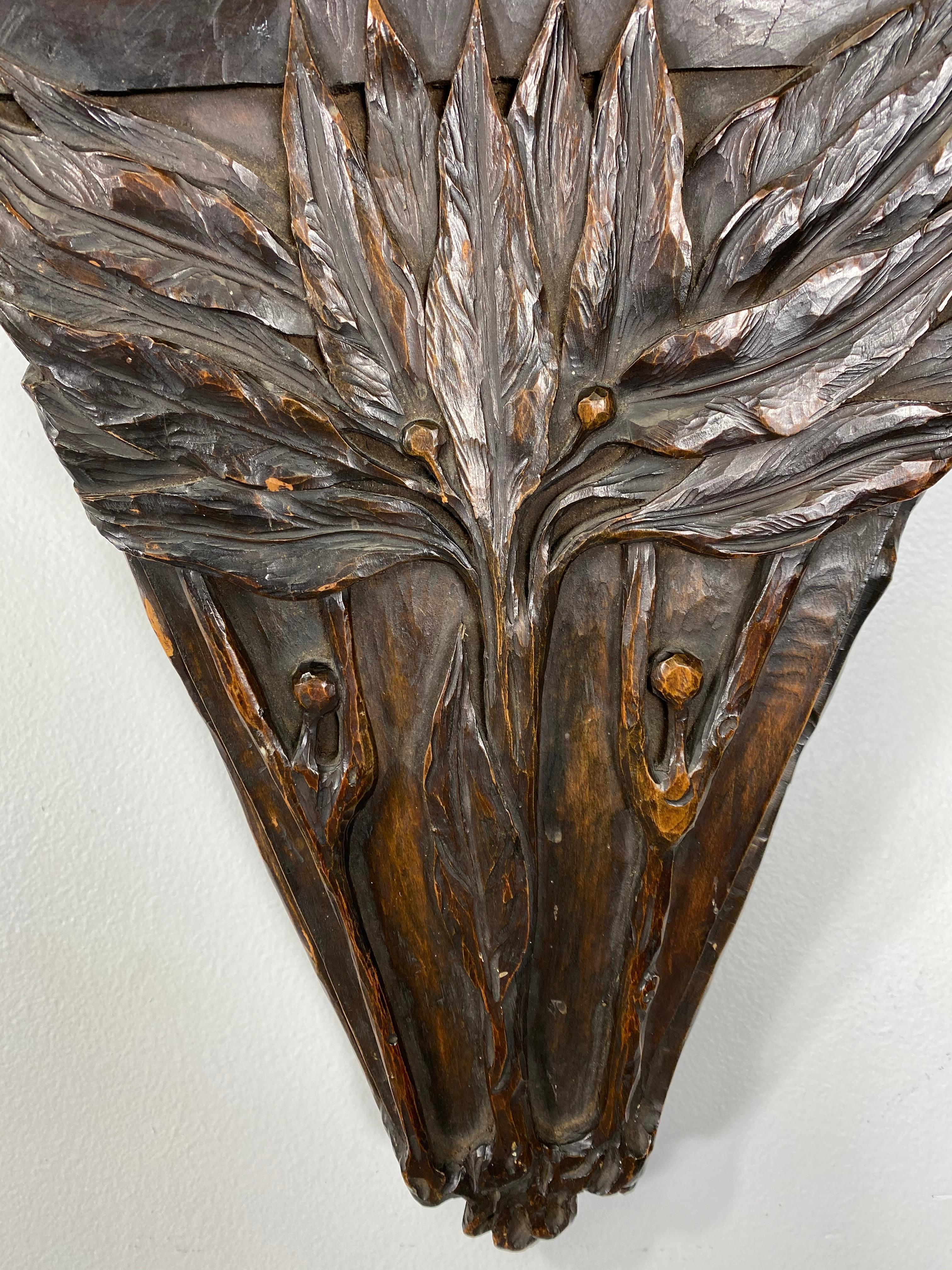 Unusual relief carved Art Nouveau wall shelf, bracket, depicting surrealist figures, trees, I believe this to be French, beautifully carved, amazing original patina, finish.