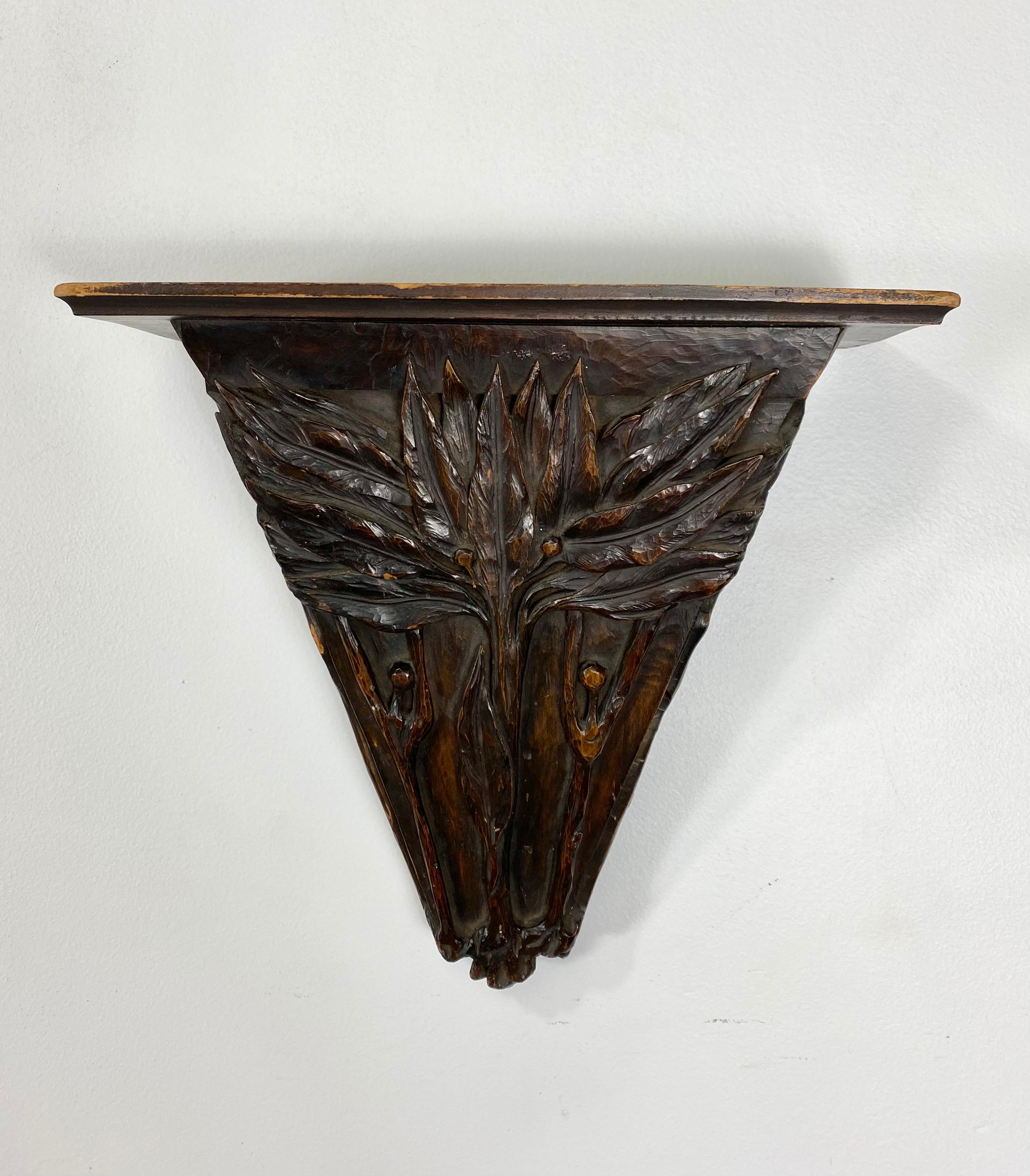 Unusual Relief Carved Art Nouveau Wall Shelf Bracket, Surrealist Figures, France In Good Condition In Buffalo, NY