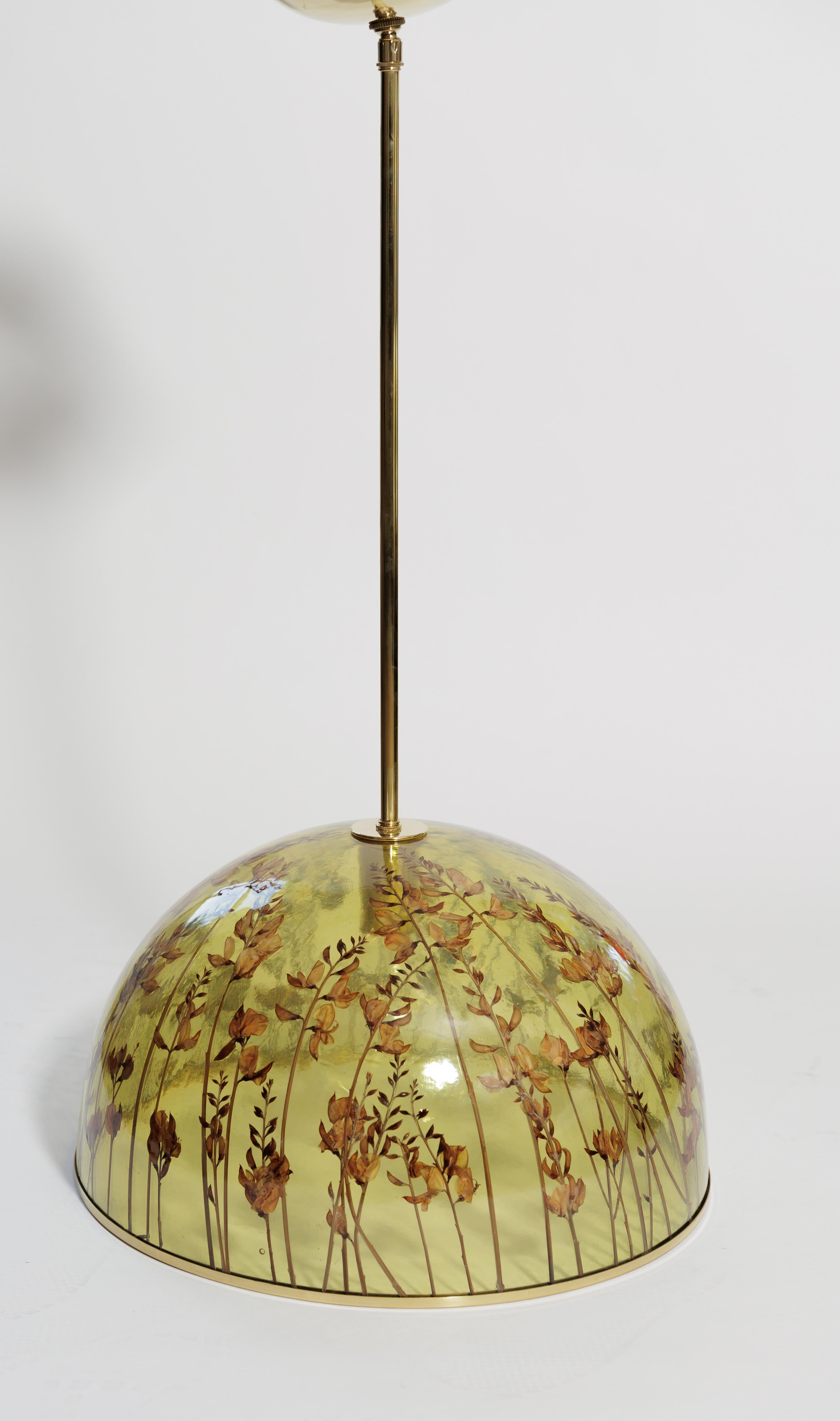 Mid-Century moderno Insolito ciondolo in resina che racchiude elementi naturali (fiori selvatici) con dettagli in ottone in vendita
