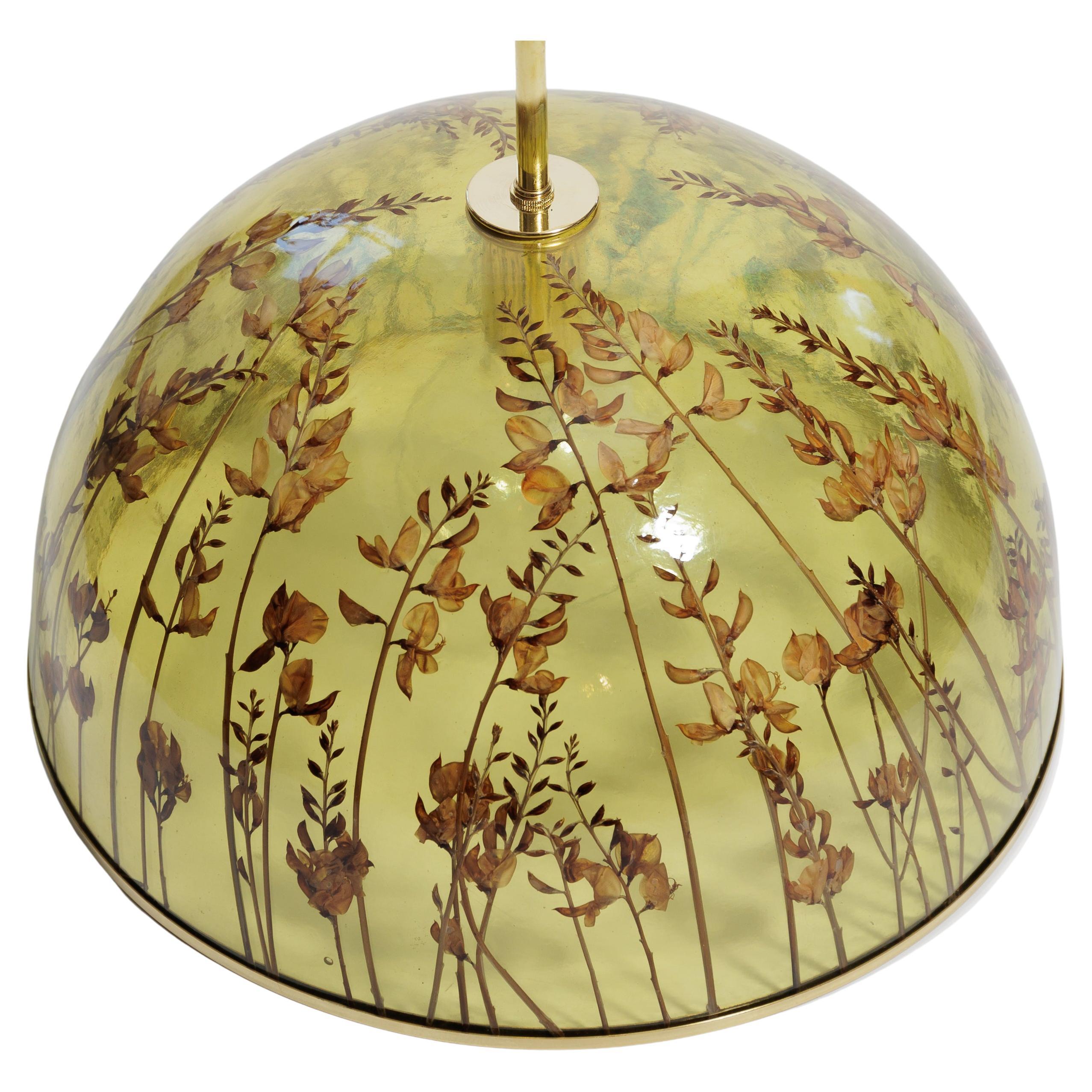 Unusual Resin Pendant Encasing Natural Elements (Wild Flowers) with Brass Detail For Sale