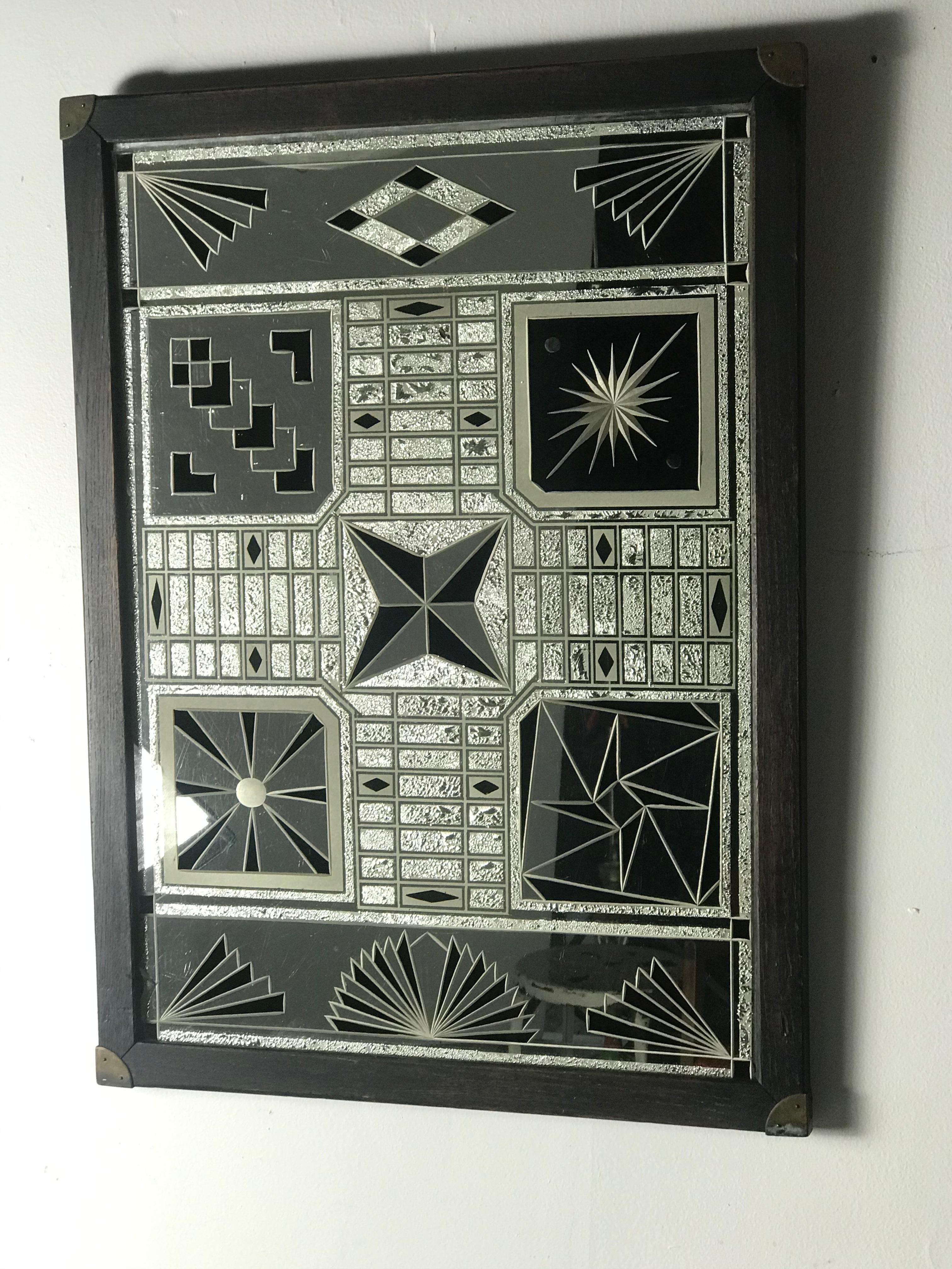 Unusual reverse painted Art Deco Mirror, game board. Folk Art. Amazing Art Deco designs, graphics, retains original oak frame with brass corners.
