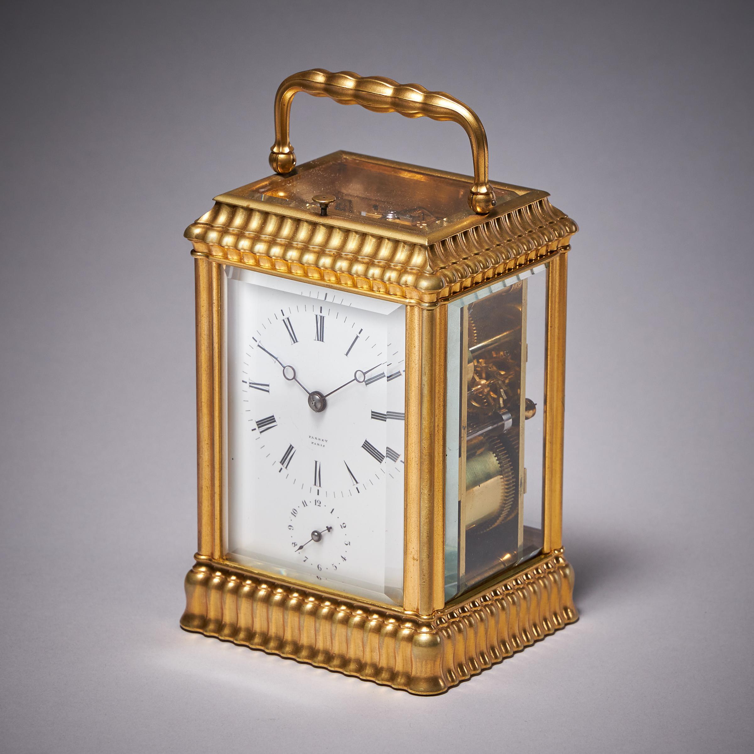 Victorian Unusual Ribbed Eight-Day Repeating Striking Gilt-Brass Gorge Case Carriage Clock For Sale