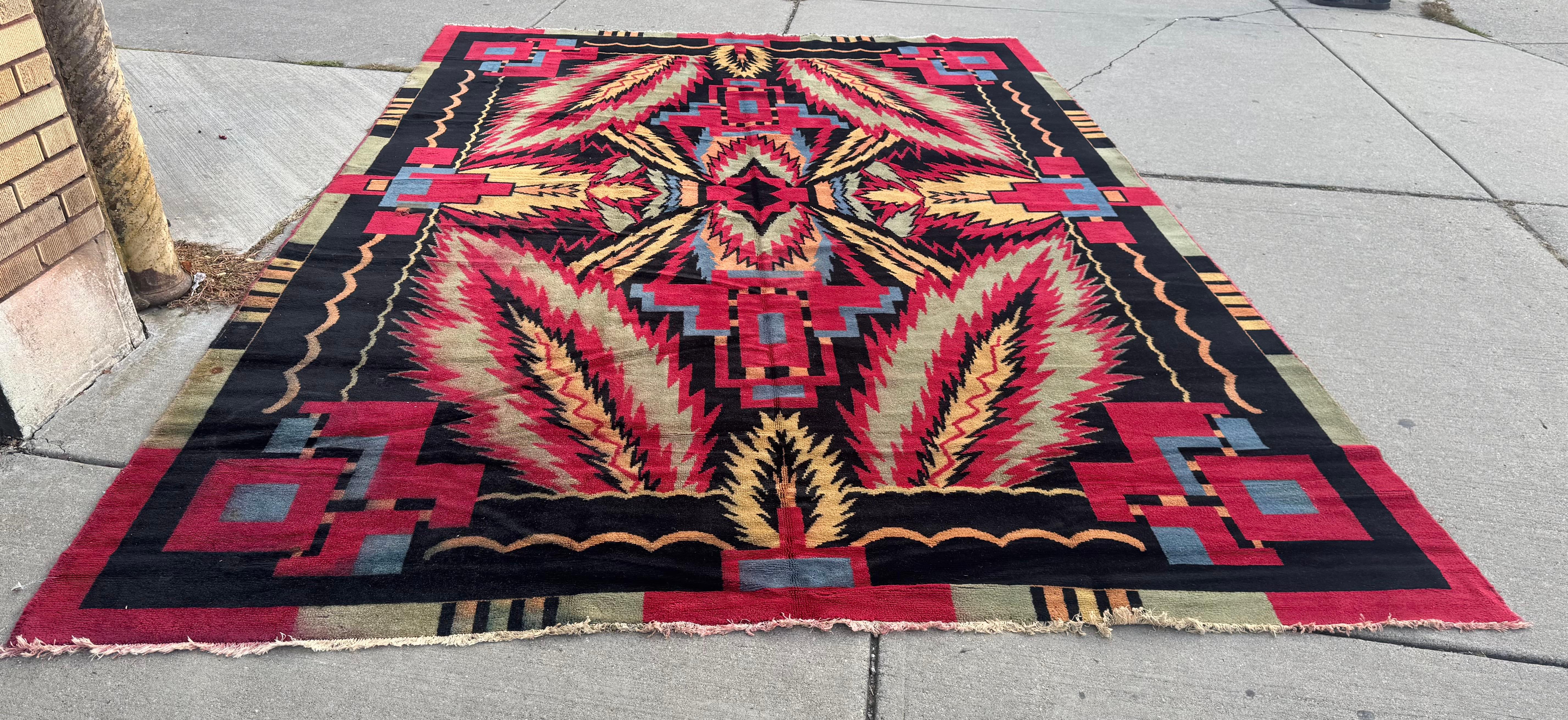 Wool Unusual Room Size Indian Art Deco Rug.  9' x 13' For Sale