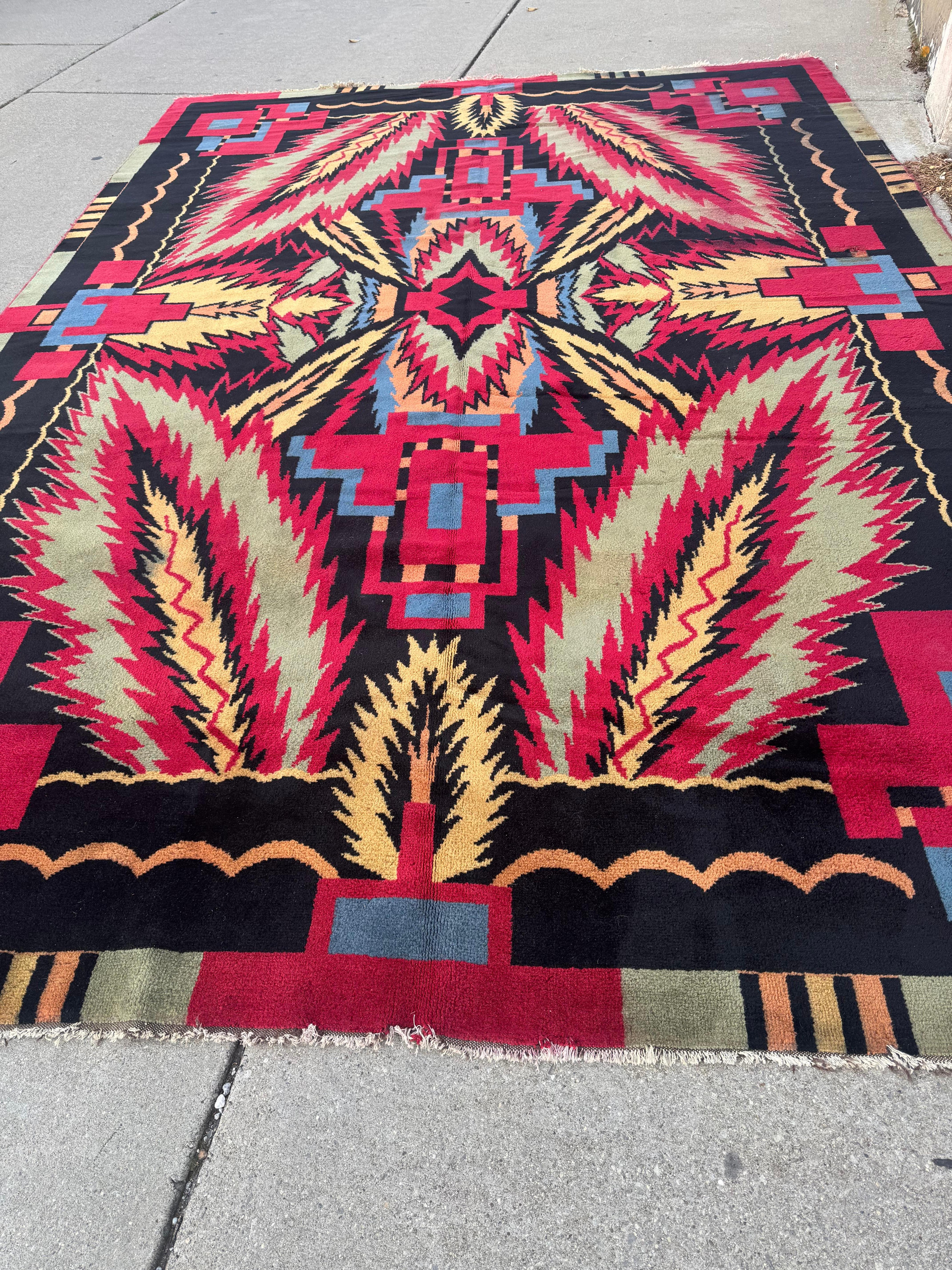 Unusual Room Size Indian Art Deco Rug.  9' x 13' For Sale 2