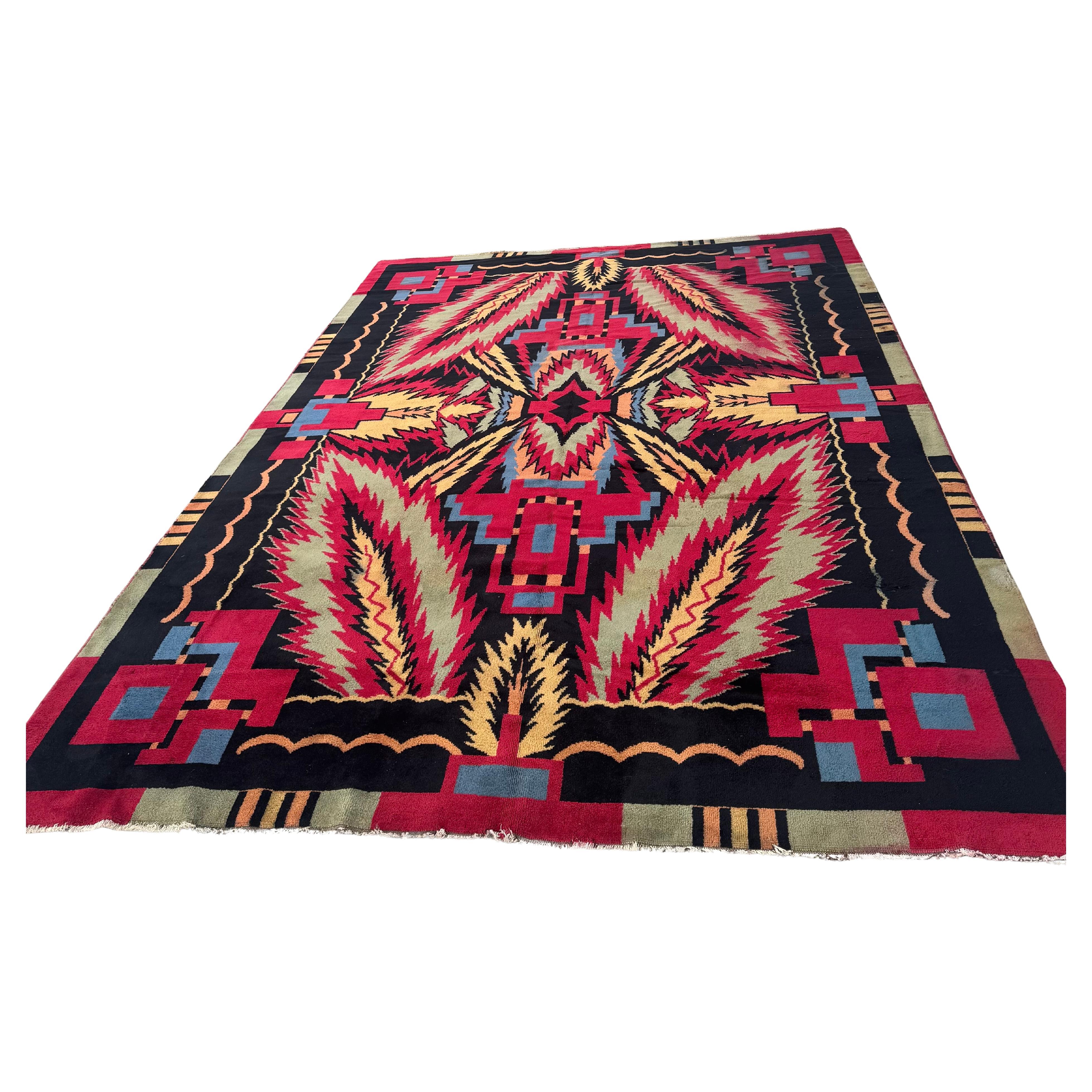 Unusual Room Size Indian Art Deco Rug.  9' x 13' For Sale