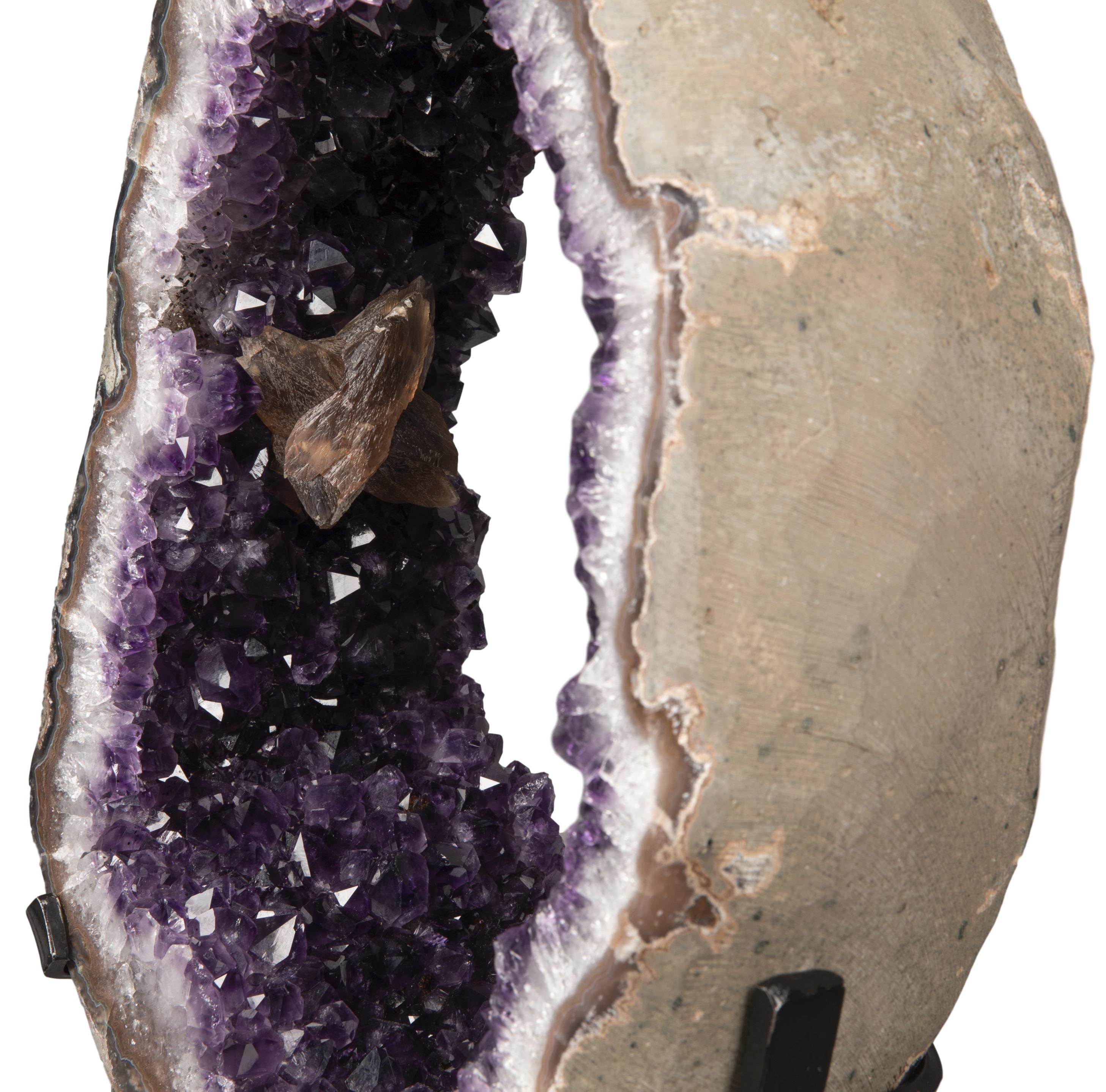 Uruguayan Unusual Rotating Geode Slice with Amethyst Peaks and Calcite on Metal Stand For Sale
