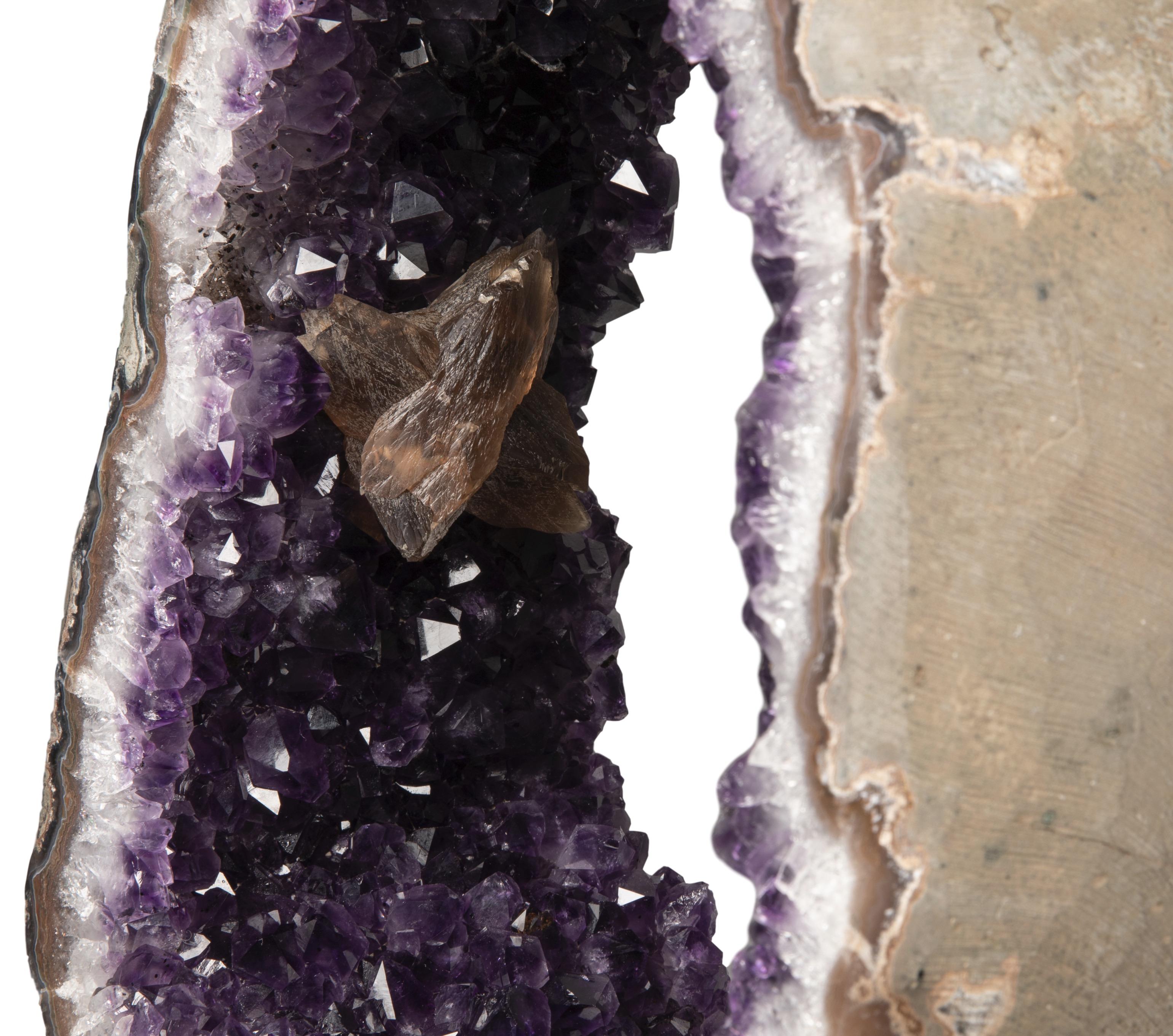 Unusual Rotating Geode Slice with Amethyst Peaks and Calcite on Metal Stand In Good Condition For Sale In London, GB