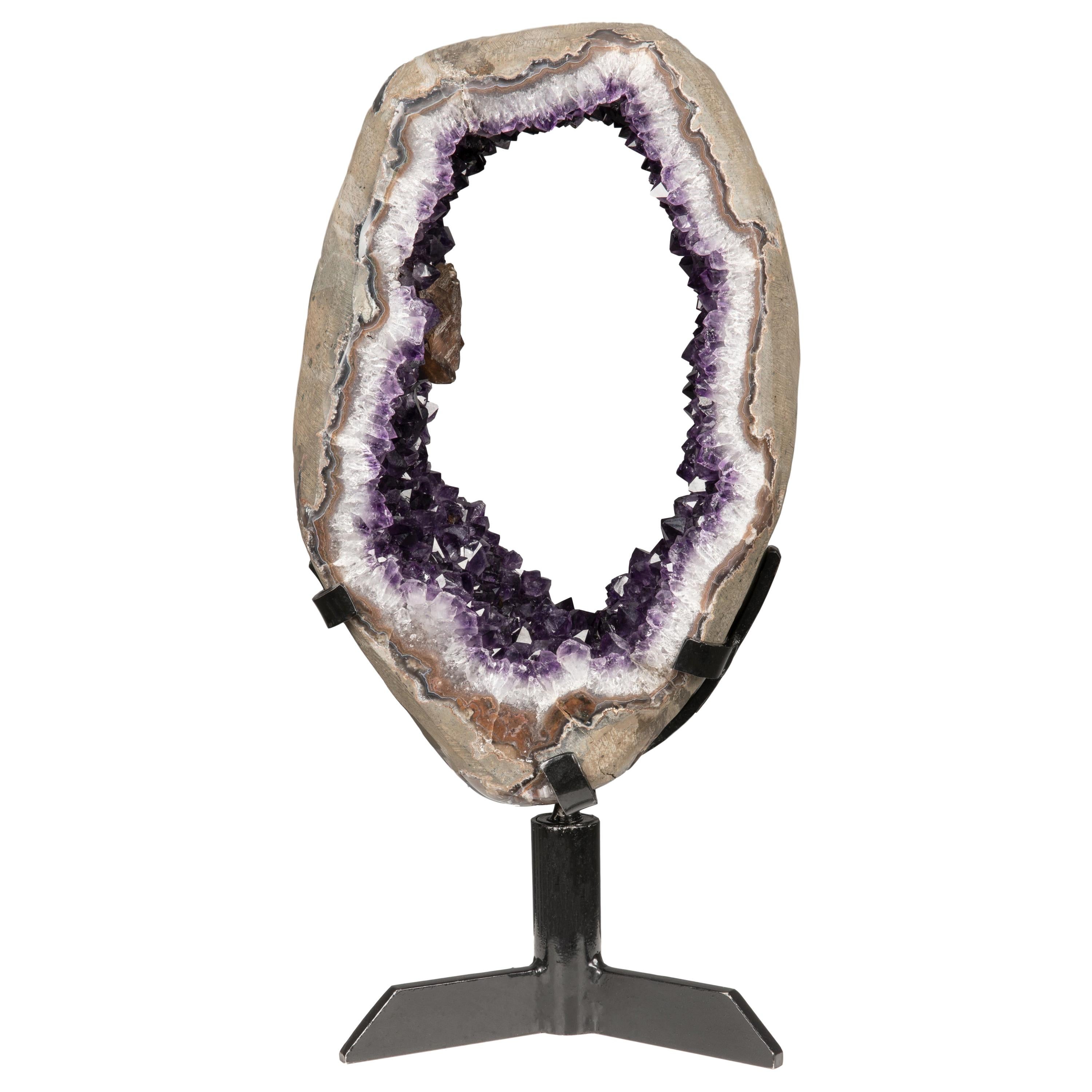 Unusual Rotating Geode Slice with Amethyst Peaks and Calcite on Metal Stand For Sale