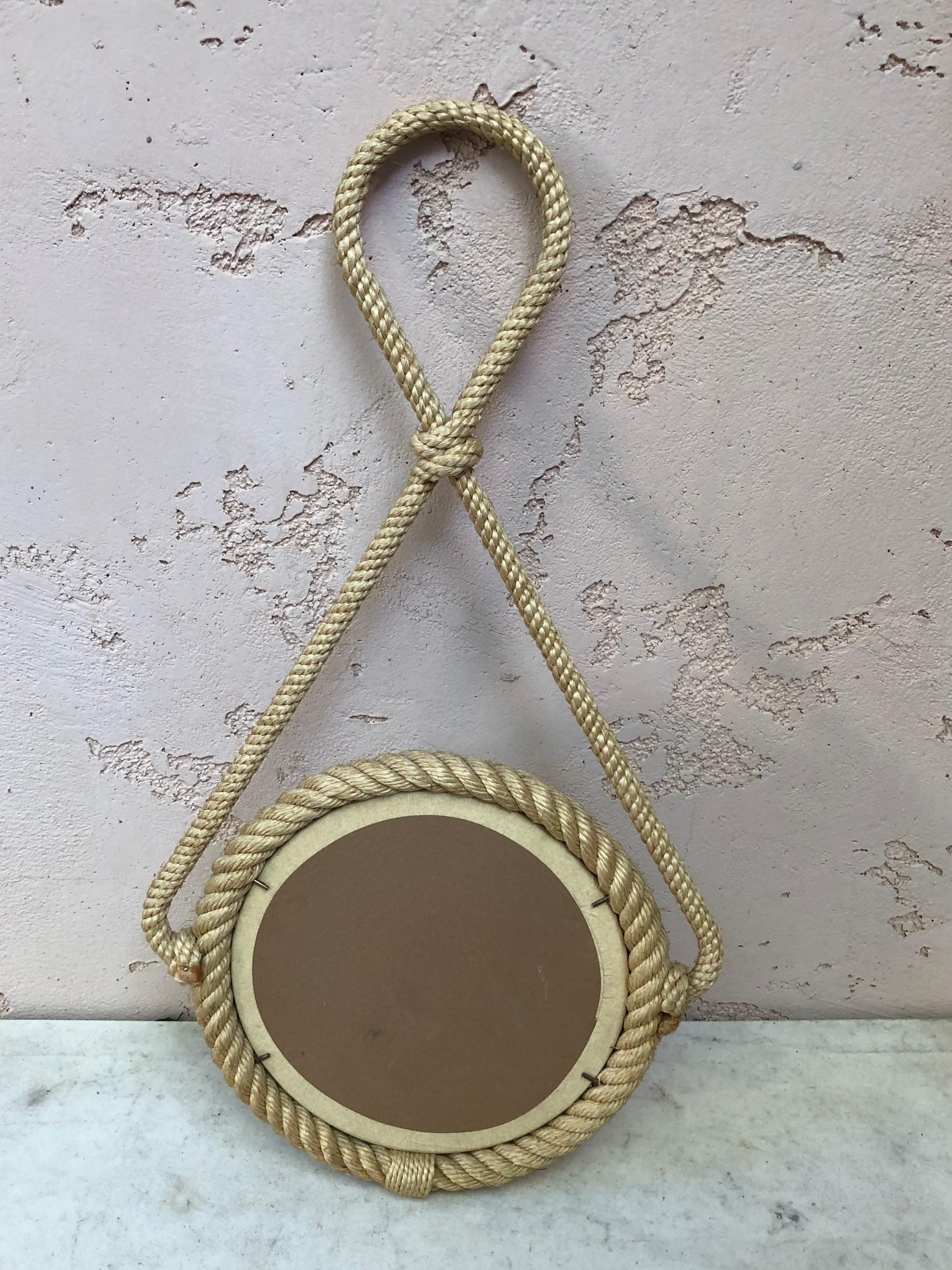 French Mid-Century Unusual Round Rope Mirror Adrien Audoux & Frida Minet For Sale