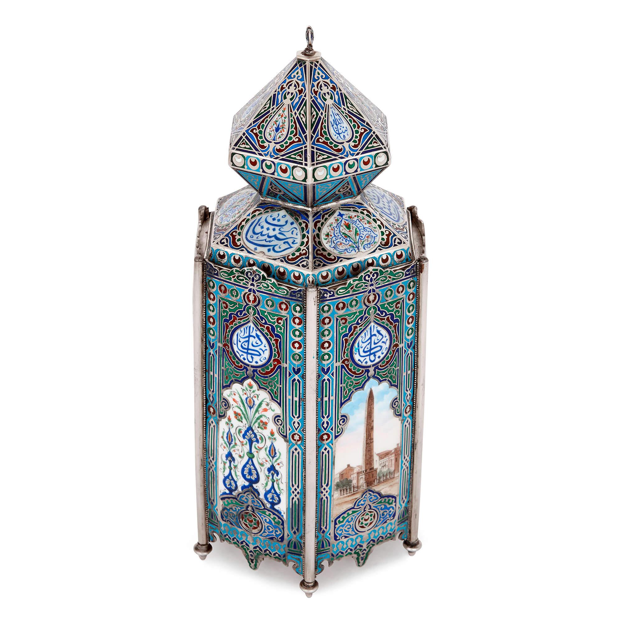 This Russian-made Islamic vase is an exquisite piece of craftsmanship that was intended for the Turkish market. The piece is colourfully enamelled and painted. The vase is hexagonal in form, with a removable diamond-shaped lid, topped with a