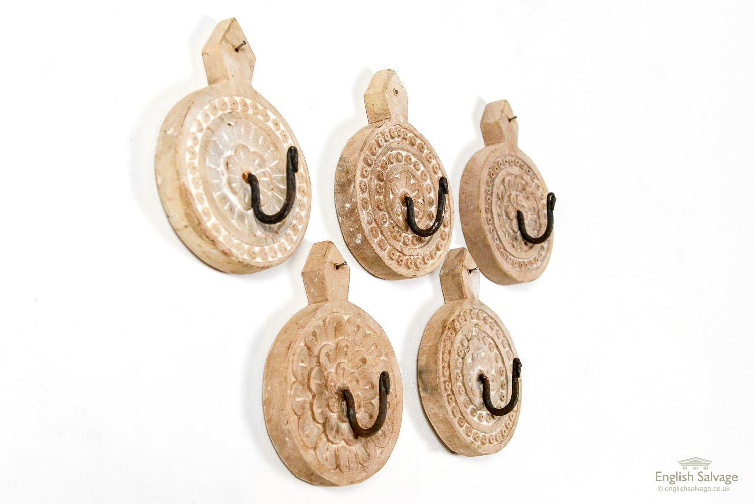 European Unusual Rustic Carved Wood Single Wall Hooks, 20th Century For Sale
