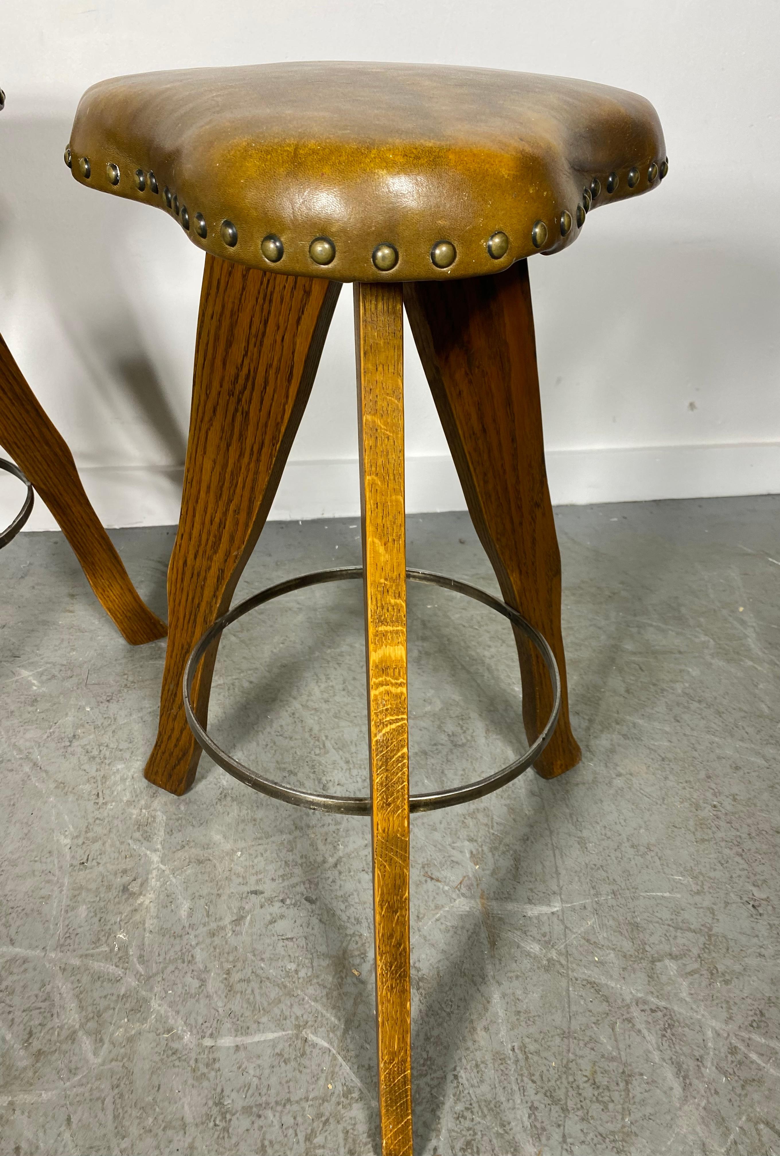 Unusual Rustic/Modern Farmhouse Oak and Leather Stools. Clover shape top. Excellent original condition, sturdy, well made.