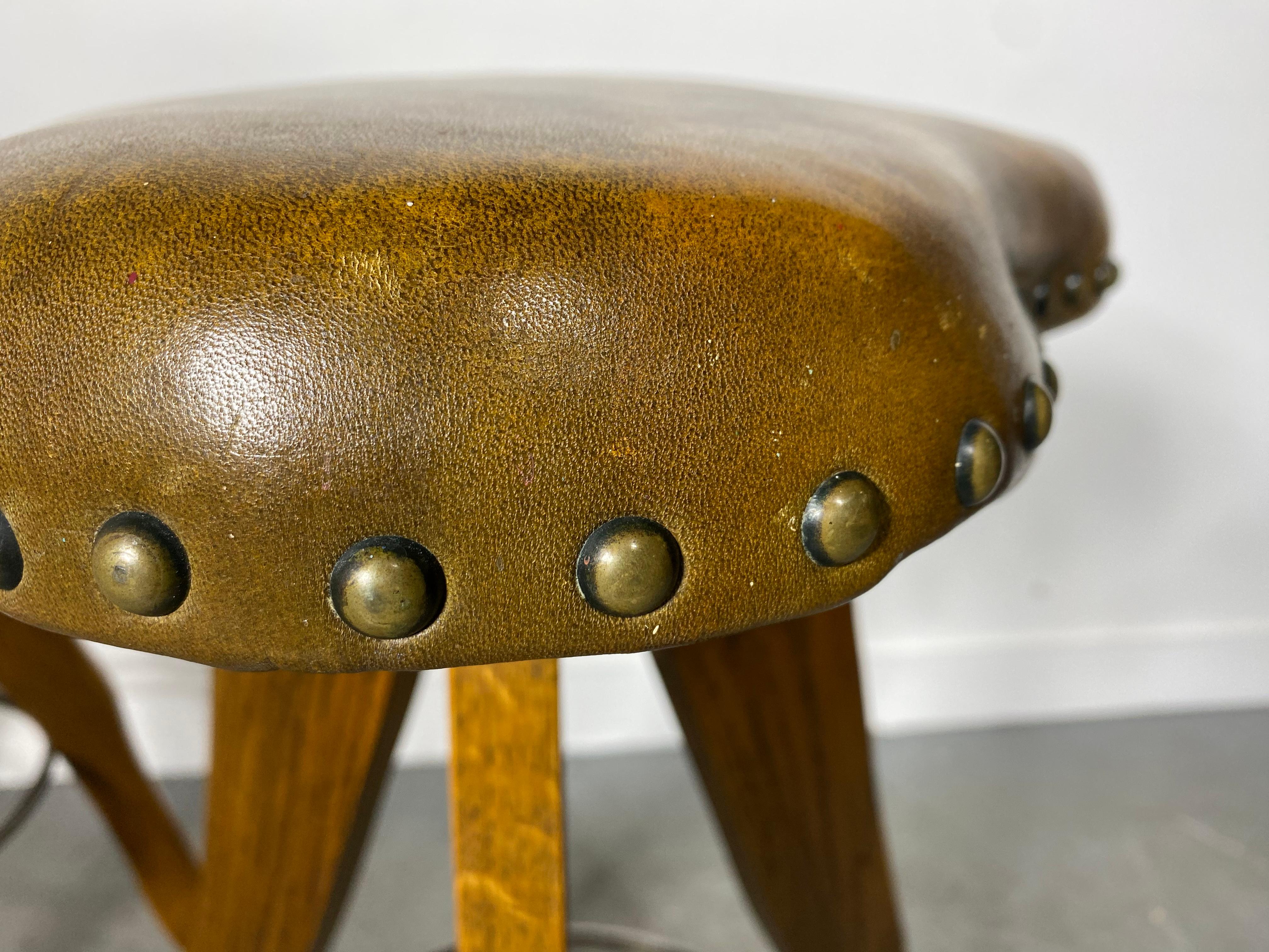 Unusual Rustic / Modern Farmhouse Oak and Leather Stools, Clover Shape Tops In Good Condition For Sale In Buffalo, NY