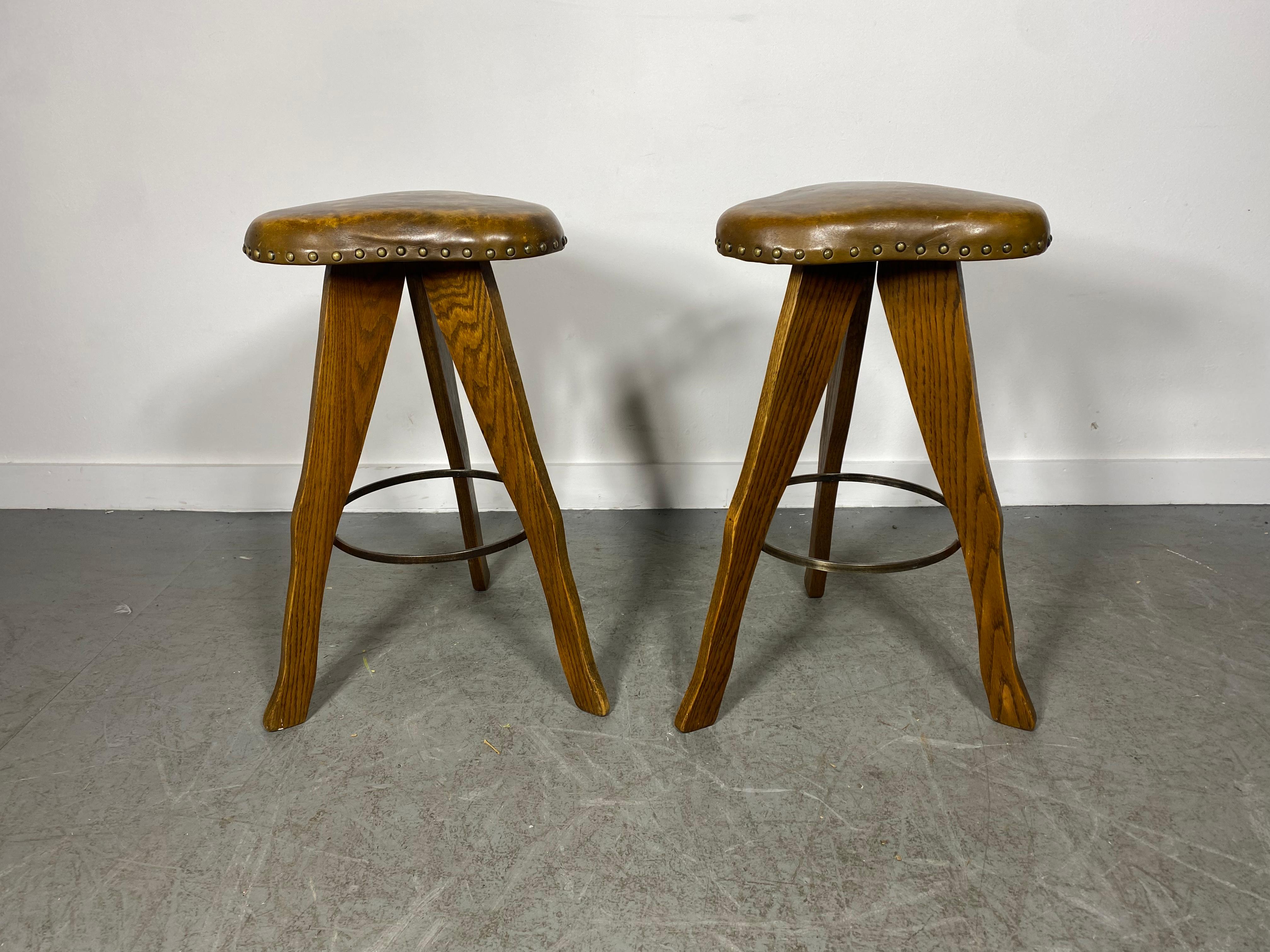 Metal Unusual Rustic / Modern Farmhouse Oak and Leather Stools, Clover Shape Tops For Sale
