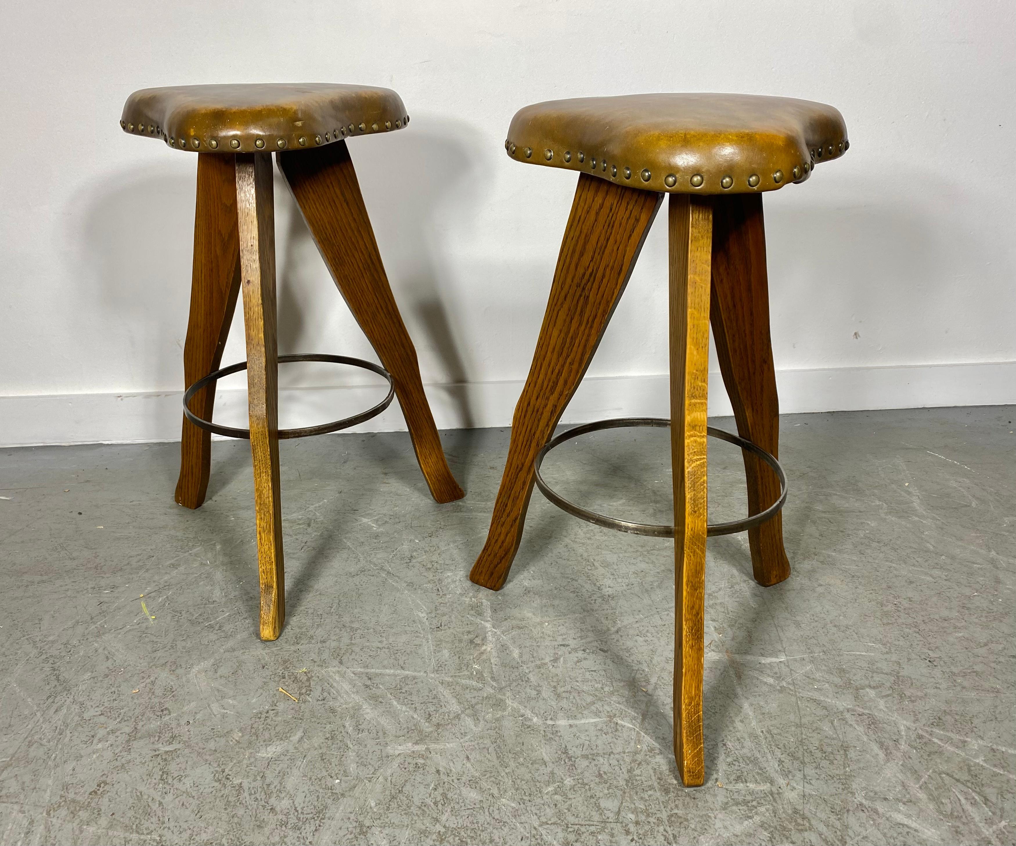 Unusual Rustic / Modern Farmhouse Oak and Leather Stools, Clover Shape Tops For Sale 2