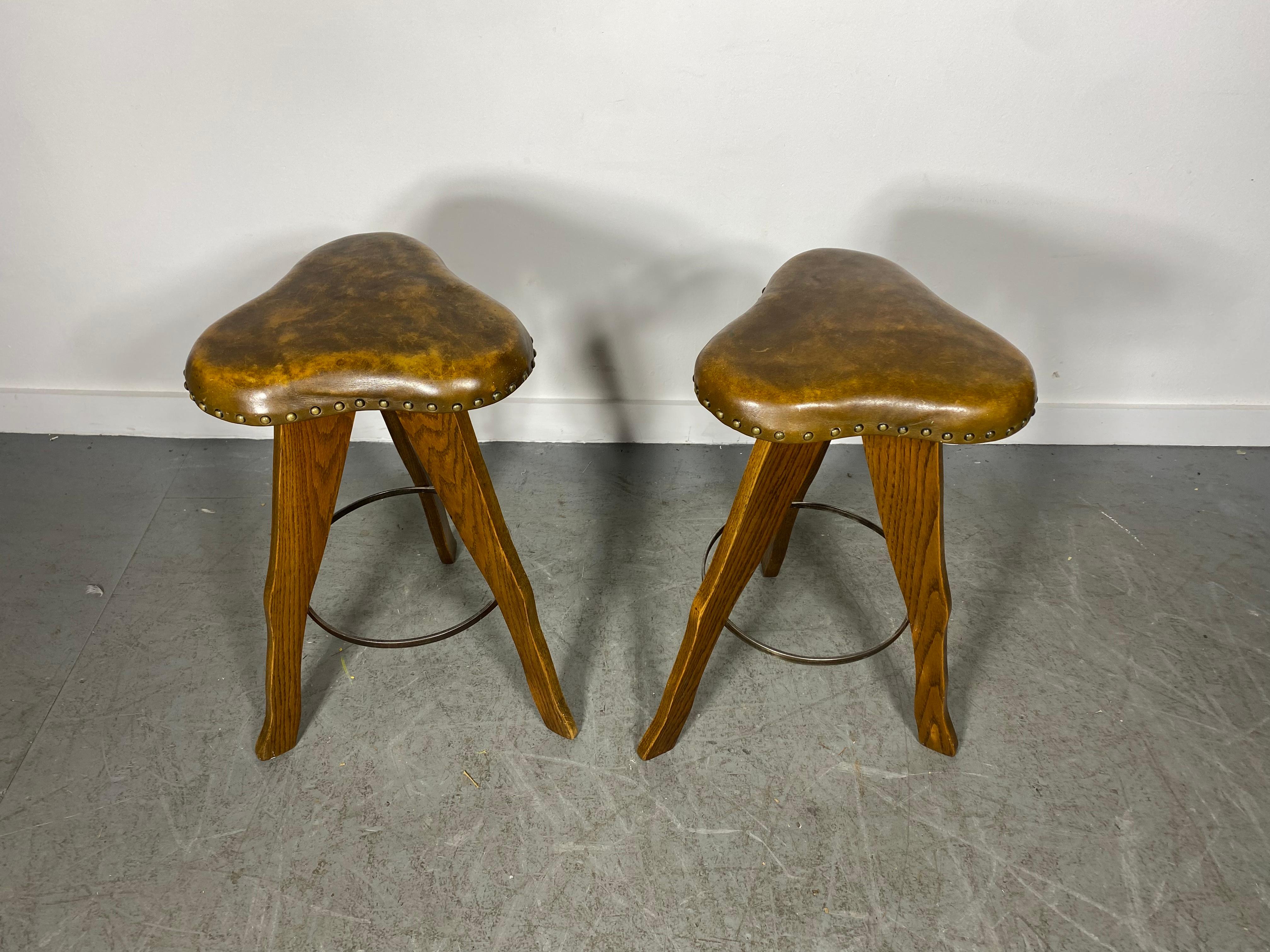 Unusual Rustic / Modern Farmhouse Oak and Leather Stools, Clover Shape Tops For Sale 3