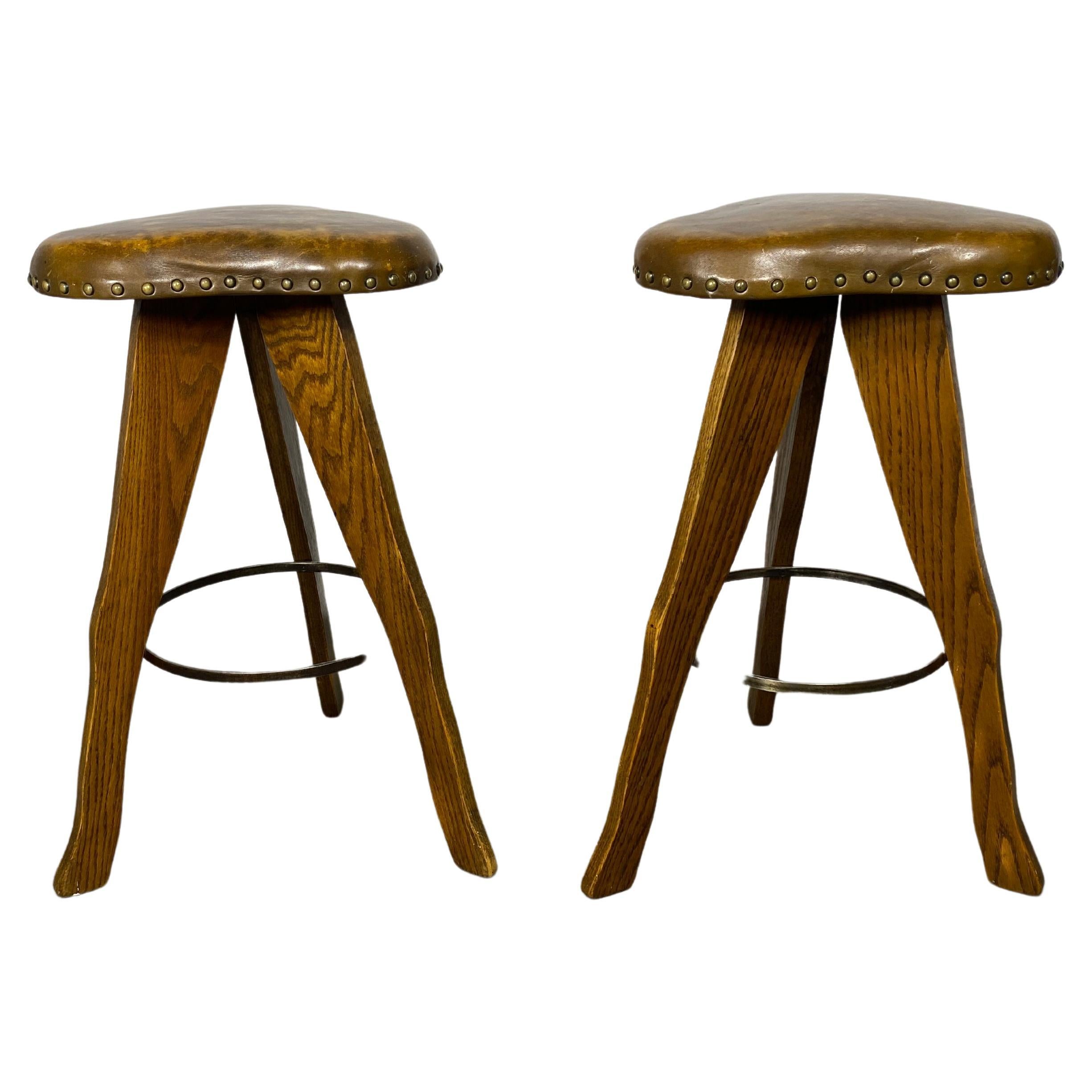 Unusual Rustic / Modern Farmhouse Oak and Leather Stools, Clover Shape Tops