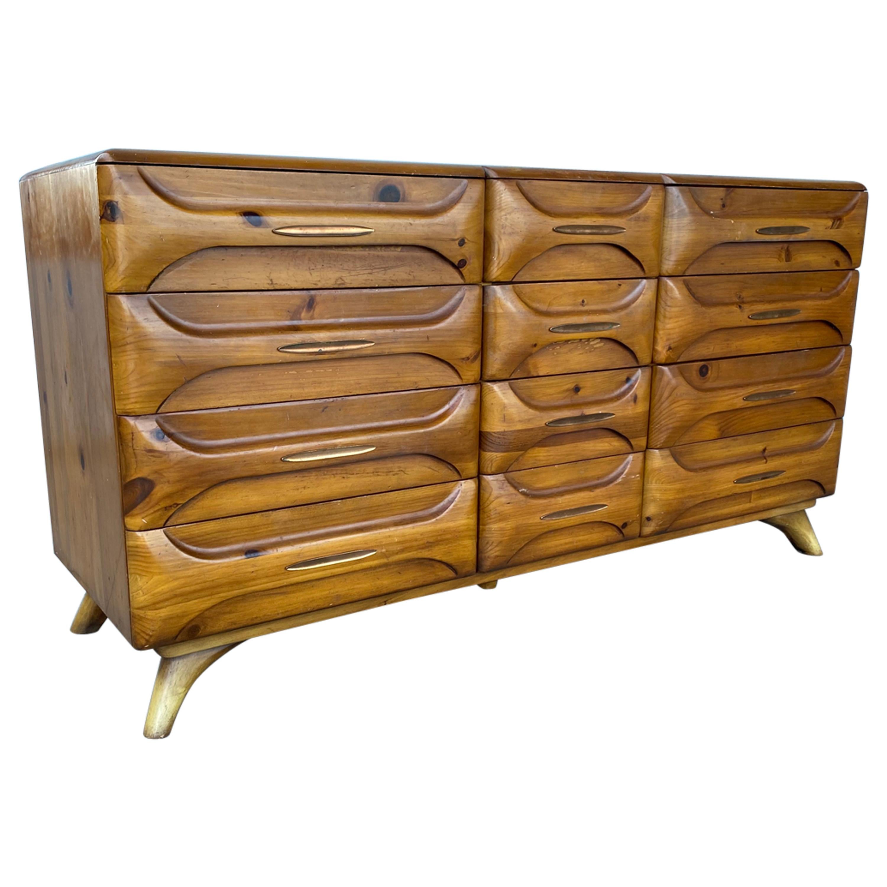 Unusual Rustic Modernist 12 Drawer Dresser, "Sculptured Pine" Franklyn Shockey