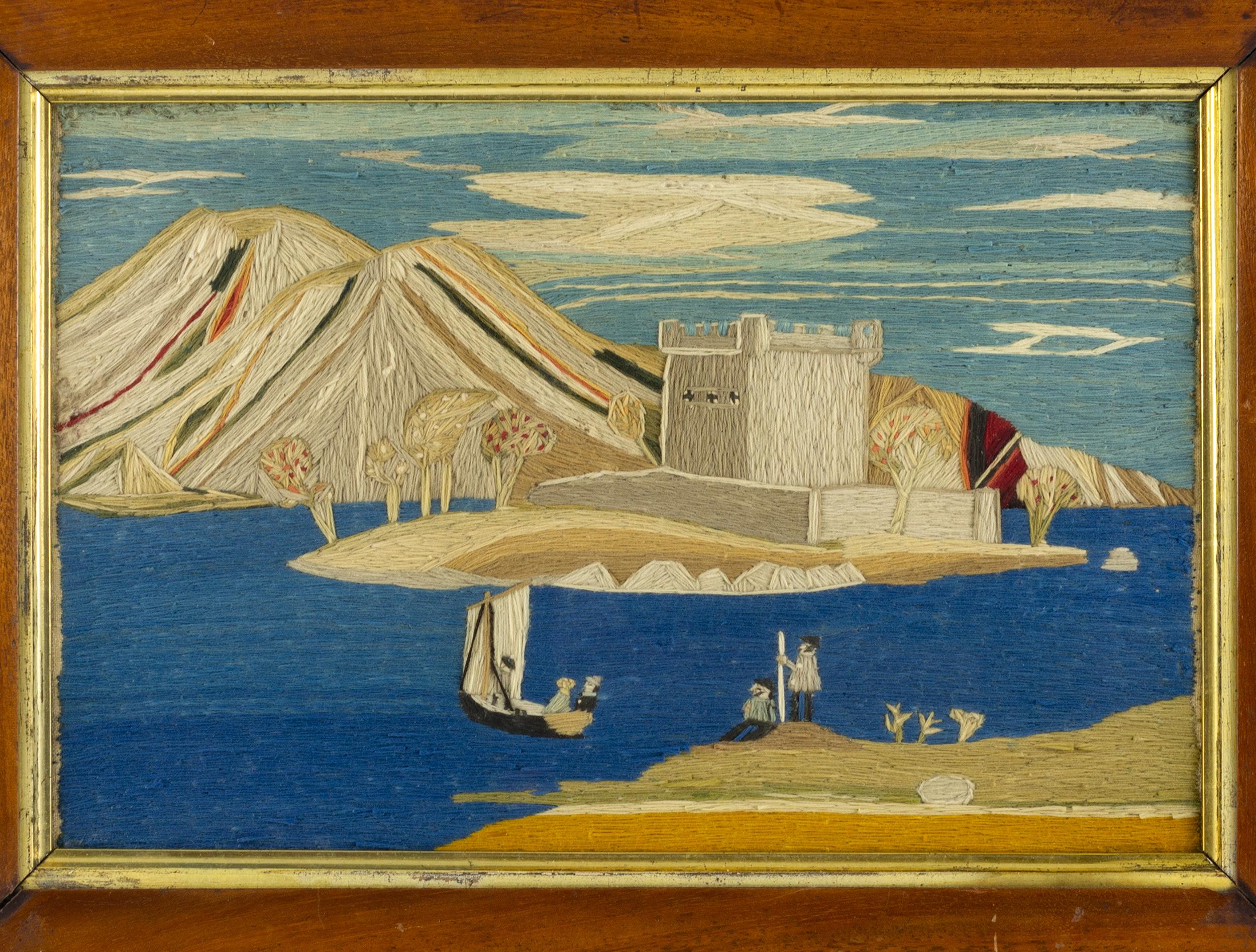 Woolie of a fort with a small catboat and two standing 
figures in the foreground,with trees and a mountainside 
in the background. Vivid with a good contrast and strong 
blue water. Framed in the original Mahogany with a lemon 
gold liner. English,