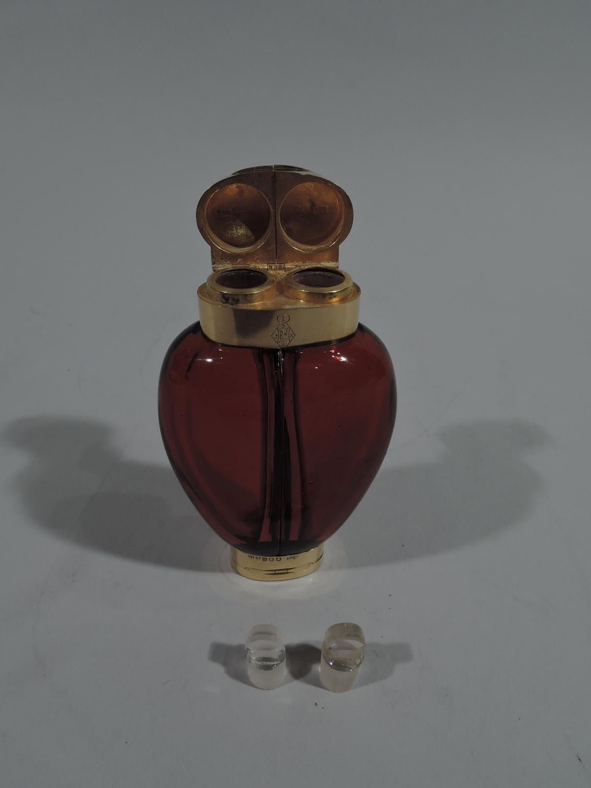Unusual Samson Mordan 18 Karat Gold and Ruby Glass Double Perfume Vinaigrette In Excellent Condition In New York, NY