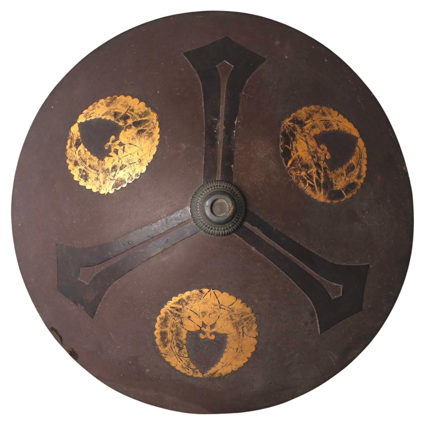 Unusual Samurai Jingasa Hat with Gilded Crests and Red Lacquer Interior For Sale