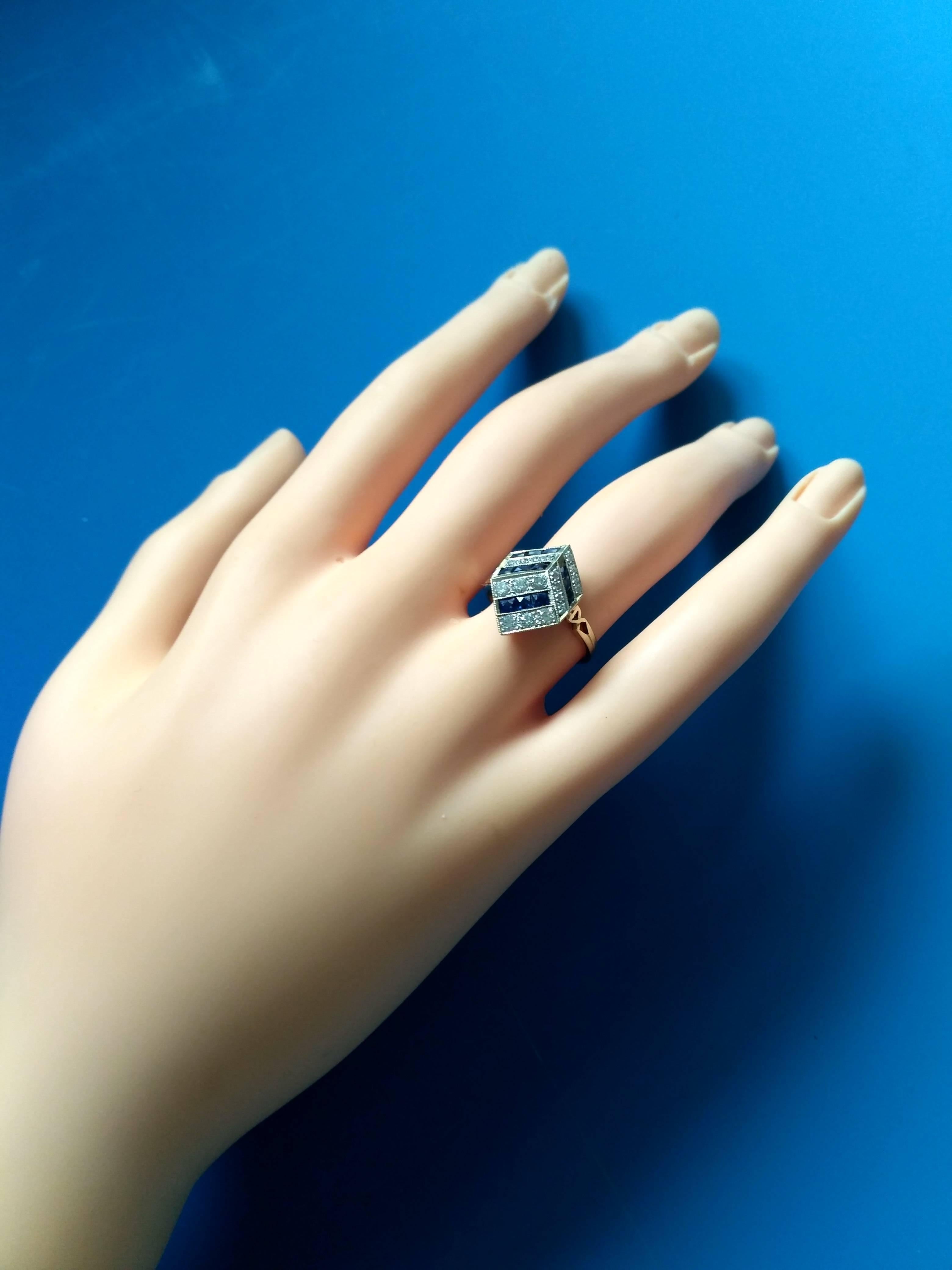 French Cut Art Deco Sapphire Diamond Gold Ring 