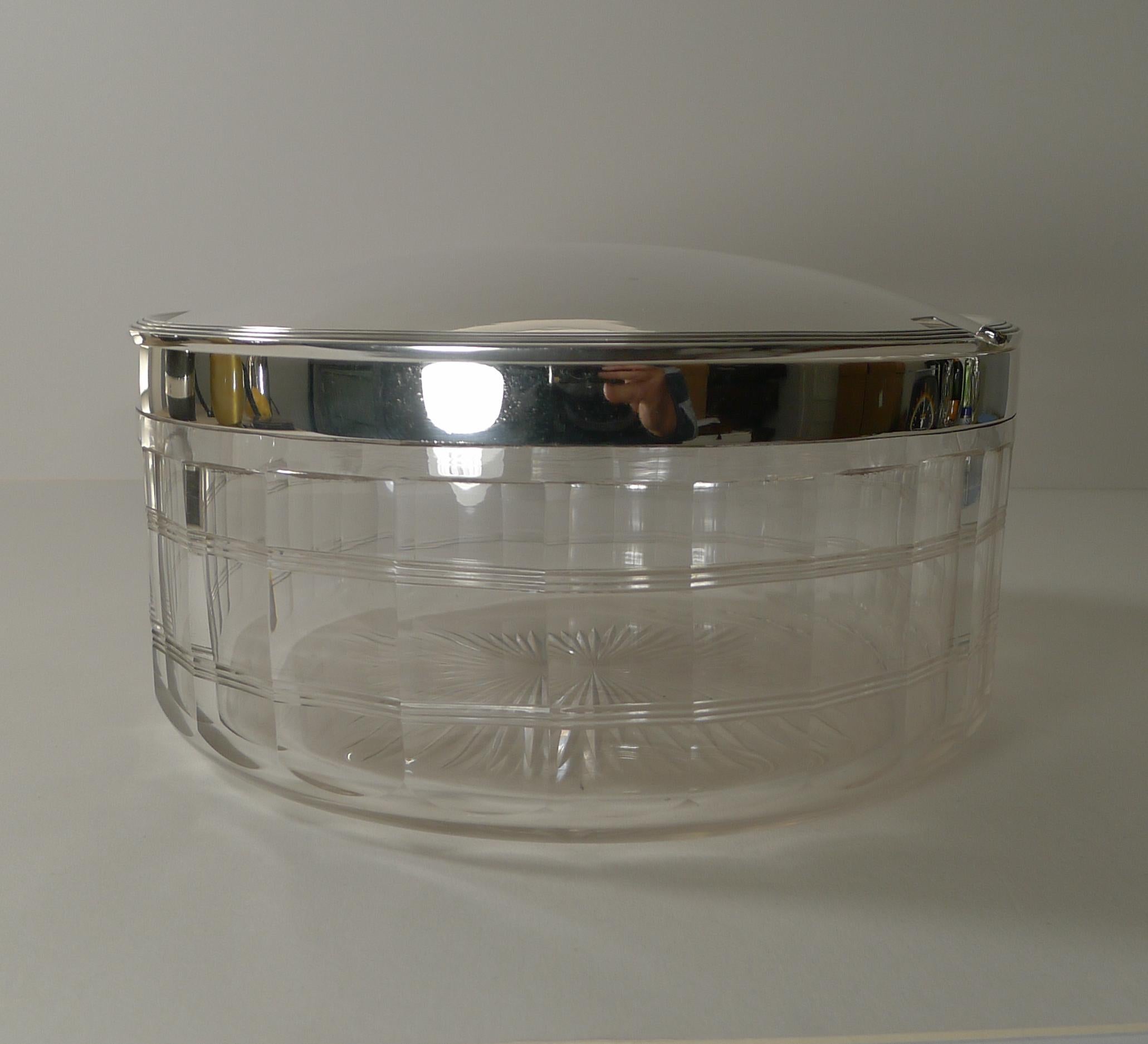 Art Deco Unusual Scottish Cut Glass and Silver Plated Lidded Serving Dish c.1920 For Sale