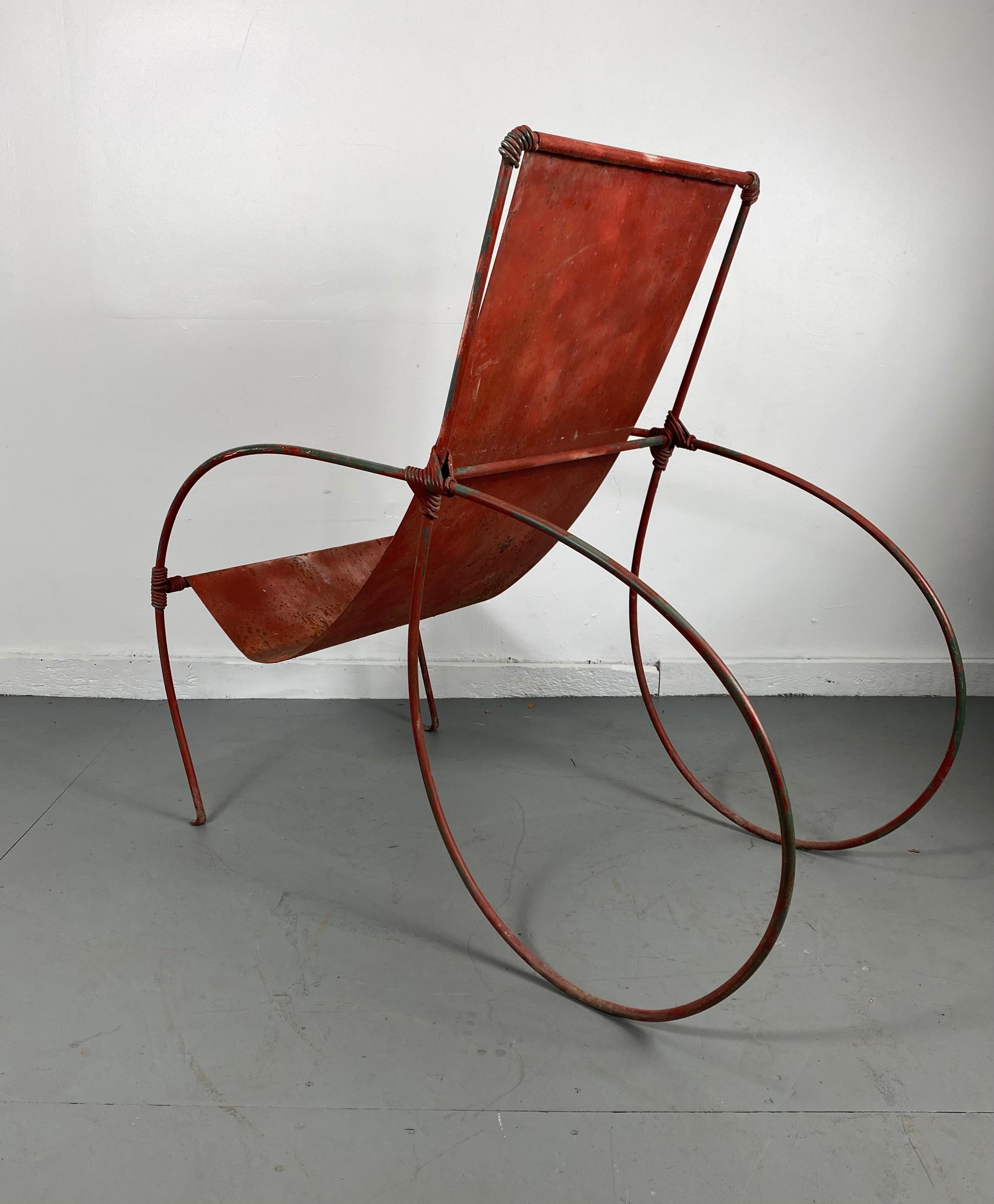 Painted Unusual Sculptural Iron Garden Lounge Chair Manner of Jean-Charles Moreux For Sale