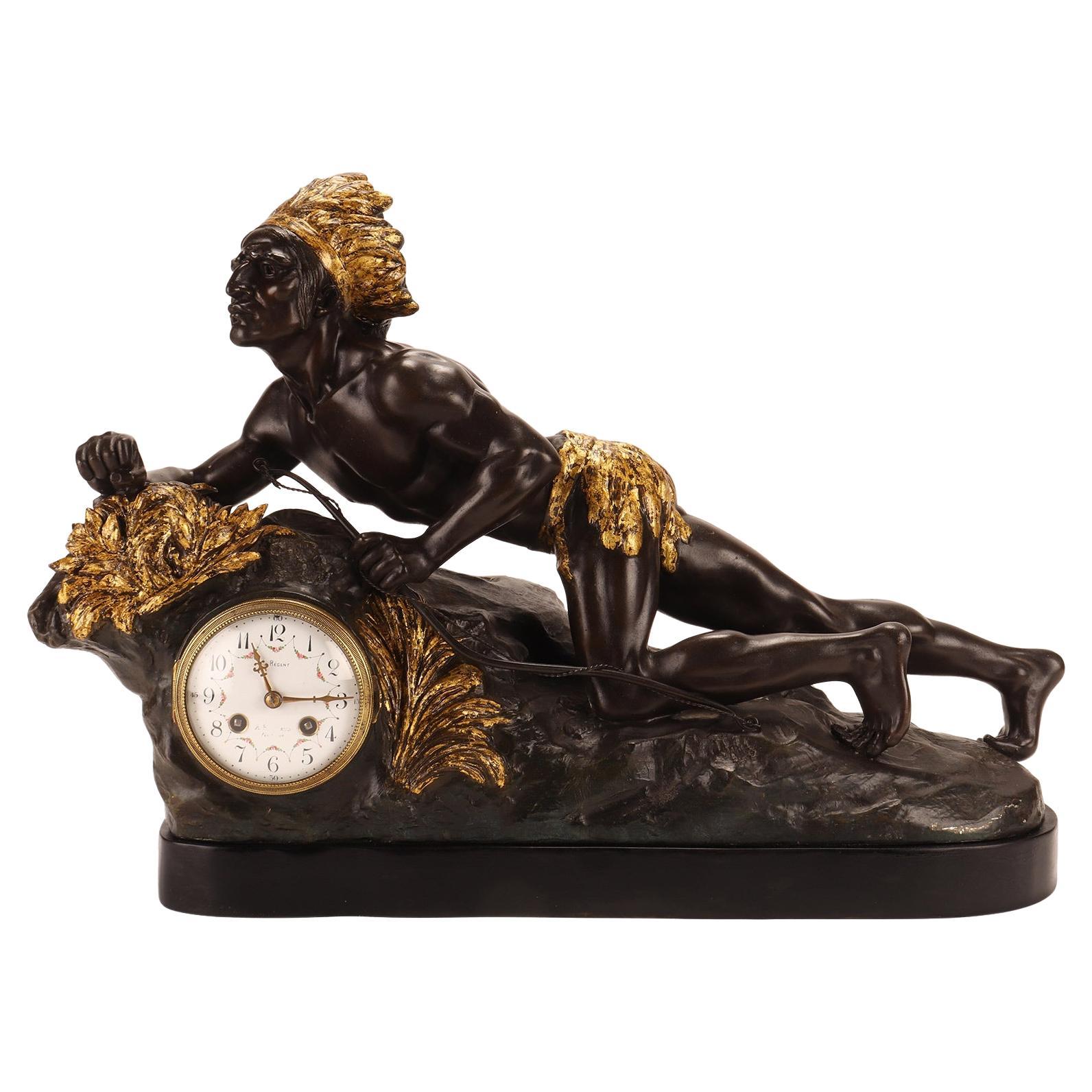 Unusual Sculpture Clock Depicting a Native American, France, 1890