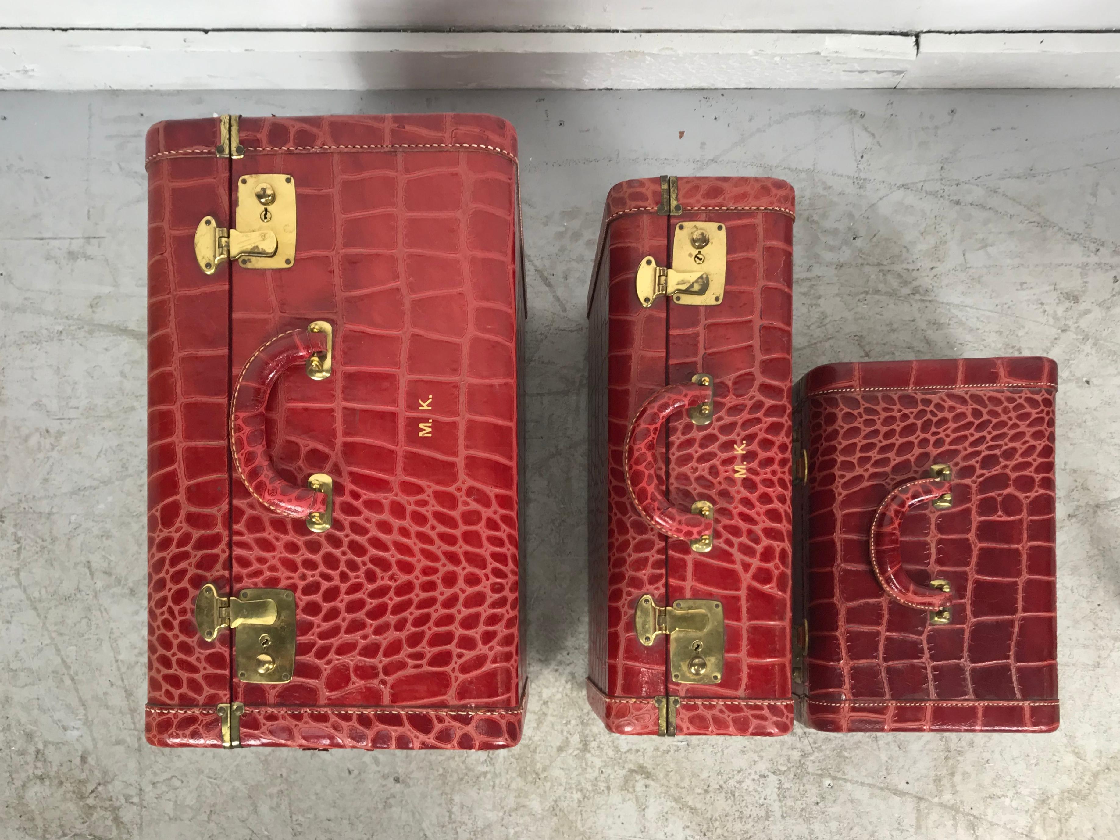 Unusual Set of 3 Red Leather, Faux Alligator Luggage, with Cosmetic Case 1
