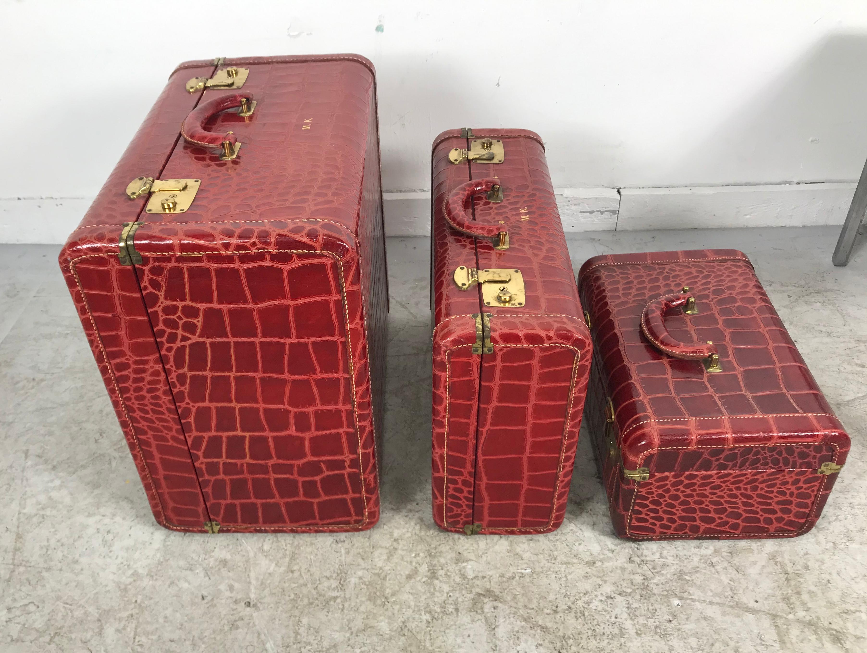 Unusual Set of 3 Red Leather, Faux Alligator Luggage, with Cosmetic Case 2